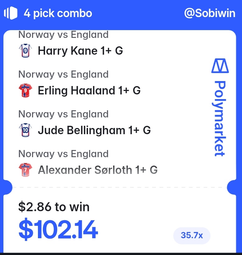Kodadad3's tweet photo. Just for fun 😊😊 

On @Polymarket 

If this combo be win I will giveaway 10$ to one of people who repost this post 😊

#polymarket #england #halland #harrykane #worldcup2026 #fifa https://t.co/urGzmJMQ0Q
