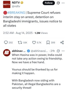 ChiefEngineerCE's tweet photo. On a humid summer morning, two young men crossed a border.

Both sought opportunity. Both dreamed of a better life.

One crossed from India into the United States. He was greeted with visas, work permits, diversity programs, and endless talk of the “American Dream.” Politicians, activists, and corporations insisted he was the future of America, that his presence made the country stronger, that questioning his right to be there was “intolerant.”

The other crossed from Bangladesh into India. He was met with barbed wire, detention camps, mass deportations, and politicians declaring he was a threat to jobs, culture, and national security. Indian leaders said their borders must be protected, their workers defended, their resources reserved for their own people.

Same dream. Same reason for crossing.
Two very different standards.

India lectures America about compassion while preaching nationalism at home.

They demand open doors from us, yet slam them shut on their neighbors.

If the Indian Dream for Bangladesh is prison camps and exclusion,

Why should the American Dream for India be limitless opportunity?