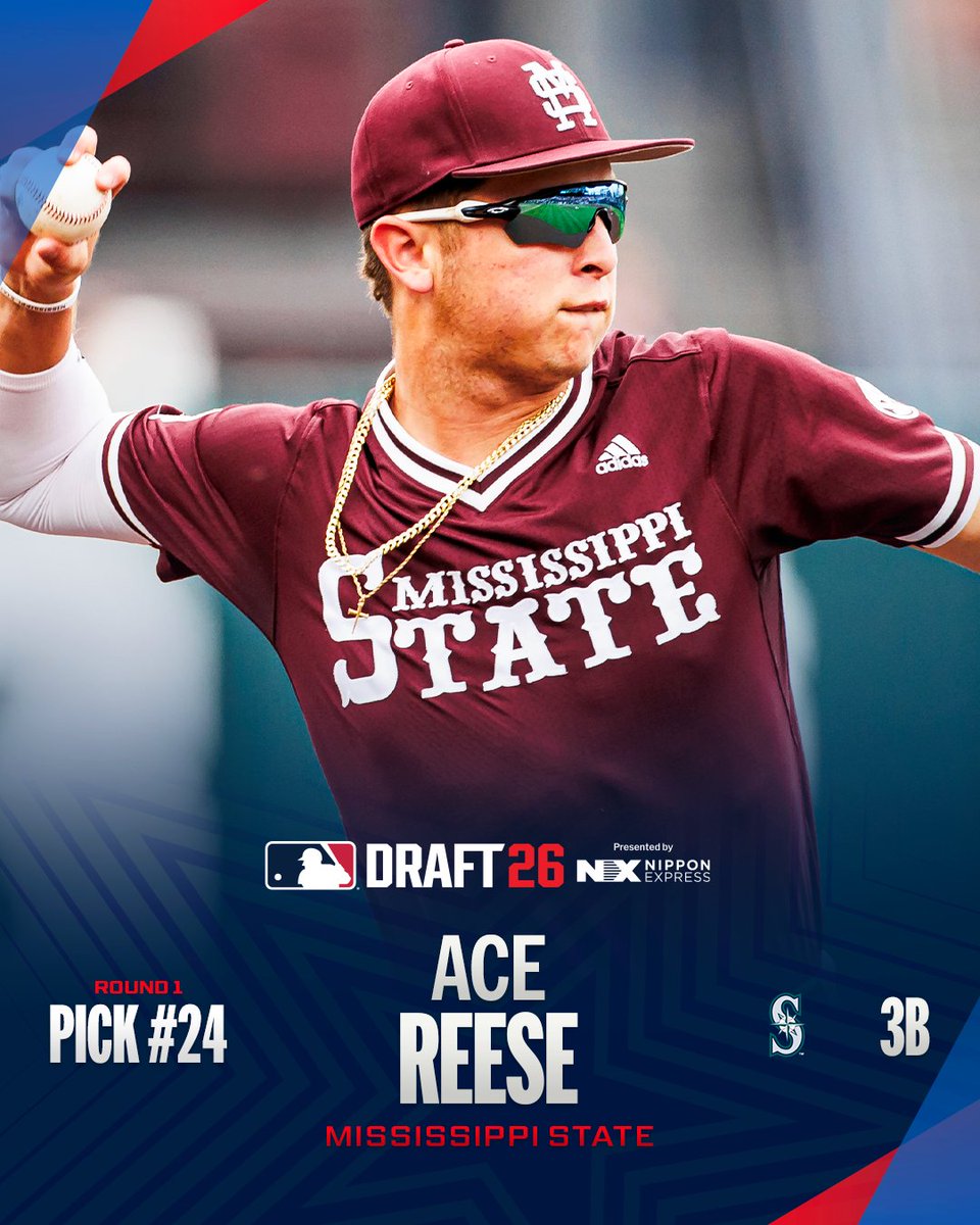 MLB's tweet photo. With the 24th pick of the 2026 #MLBDraft, the @Mariners select Ace Reese from Mississippi State. 

(MLB x Nippon Express) https://t.co/63gGli4Nxj