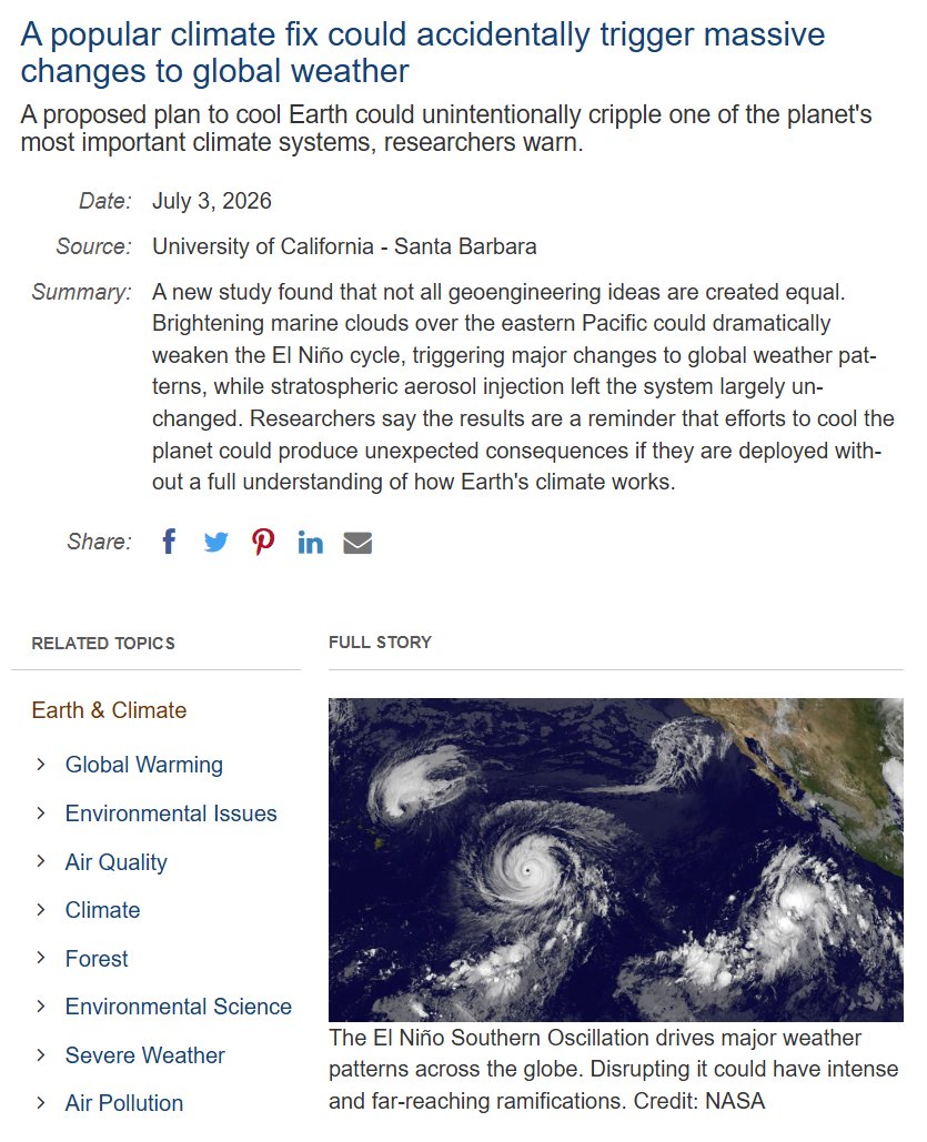 Very_0wn's tweet photo. Seeding clouds w/ seawater prevents a super El Nino | Marine cloud brightening accidentally triggers massive changes to global weather
"The technique involves spraying tiny droplets of seawater into the air below low-lying stratocumulus clouds; involving an estimated 2400 ships." https://t.co/RkzB4MTWL2