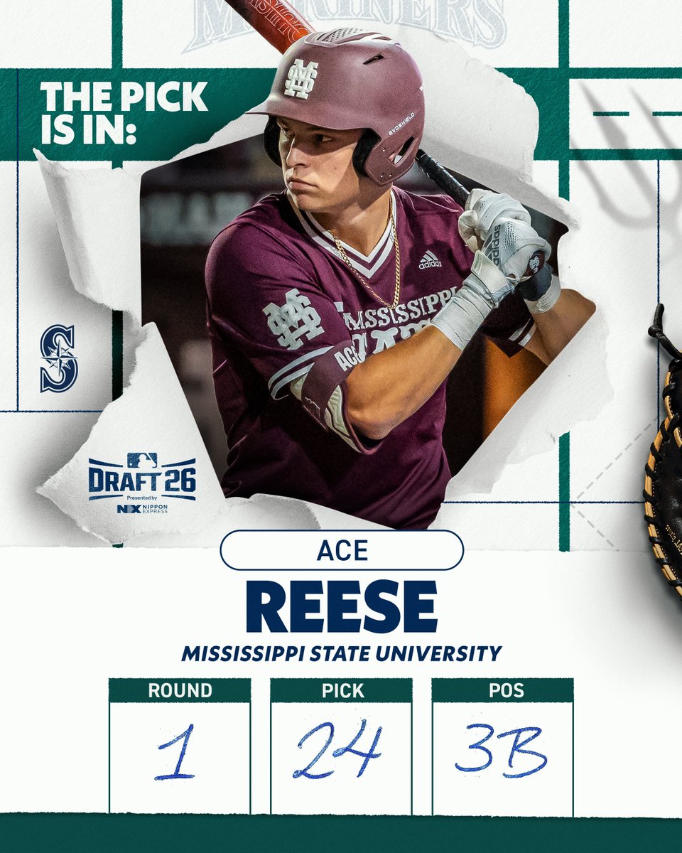 Mariners's tweet photo. We have an ACE up our sleeve 🂡

With our 1st-round pick in the 2026 #MLBDraft, we’ve selected 3B @TheRealAceReese out of @hailstatebb. Welcome to Seattle, Ace! #TridentsUp https://t.co/LIvkYdLF3X