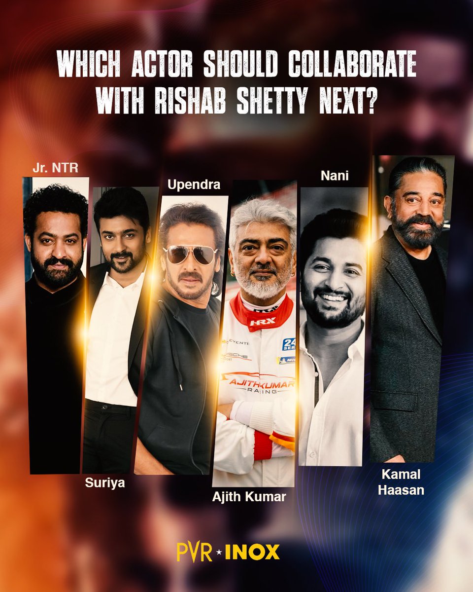 _PVRCinemas's tweet photo. #RishabShetty has redefined storytelling with every performance. Now the big question is… who would you love to see him share the screen with next? 👀🔥
.
.
.
#JrNTR #Suriya #Upendra #AjithKumar #Nani #KamalHaasan https://t.co/vLZYrB3EK5