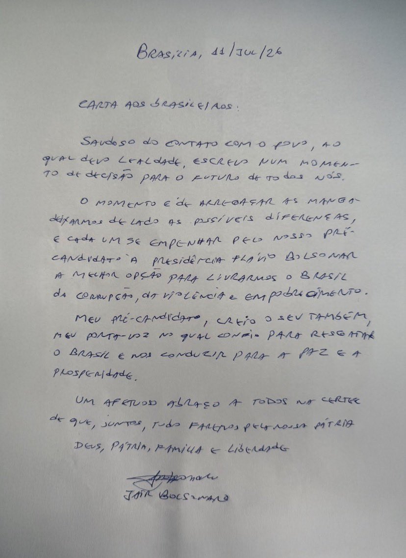 endireitasaude's tweet photo. Carta de Jair Messias Bolsonaro ao povo brasileiro.

11/Julho/2026 https://t.co/nuisMpVd1i