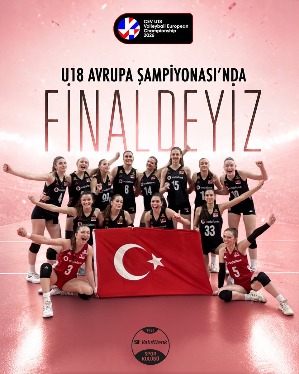VakifBankSK's tweet photo. NAMAĞLUP FİNALDEYİZ! 🇹🇷

U18 Avrupa Şampiyonası yarı finalinde Macaristan'ı 3-1 mağlup ederek adını finale yazdıran 18 Yaş Altı Milli Takımımızı kutluyoruz! ❤️🤍 https://t.co/NAns1s8FIt