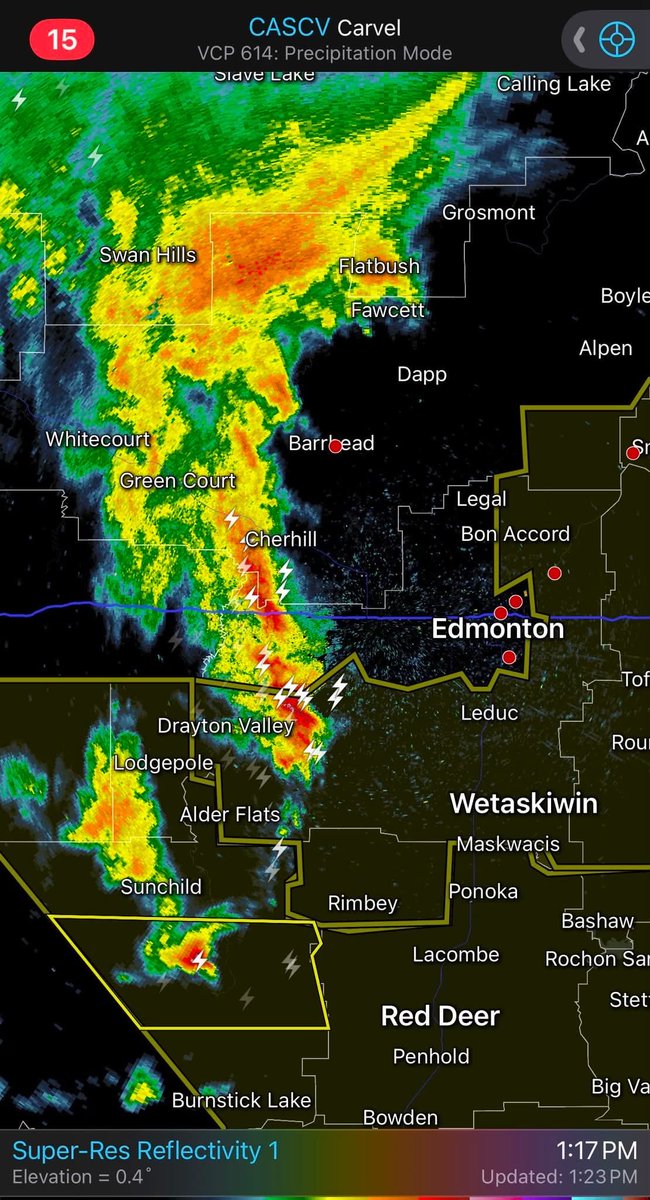 collagenqueen83's tweet photo. Well the word is @ReedTimmerUSA has been spotted in the Edmonton Ab area, Cool if it’s true. We’re under storm warnings again & after the storms yesterday and what radar is showing, it’s gonna be another day of craziness. Prep what you have to now. Stay safe everyone. #abstorms https://t.co/FKrKFXVcCf