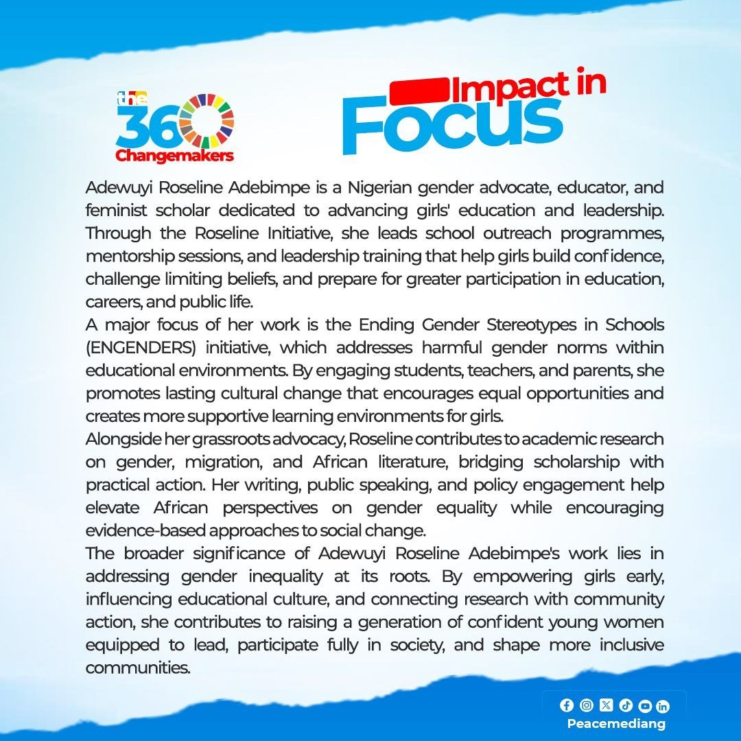 PeacemediaNG's tweet photo. Adewuyi Roseline Adebimpe is empowering girls and young women through education, mentorship, and leadership development. Her work advances gender equality, builds confidence, and inspires the next generation of African women leaders.
#PeaceMedia #the360changemakers #172of360 https://t.co/pfaDmqPy1U