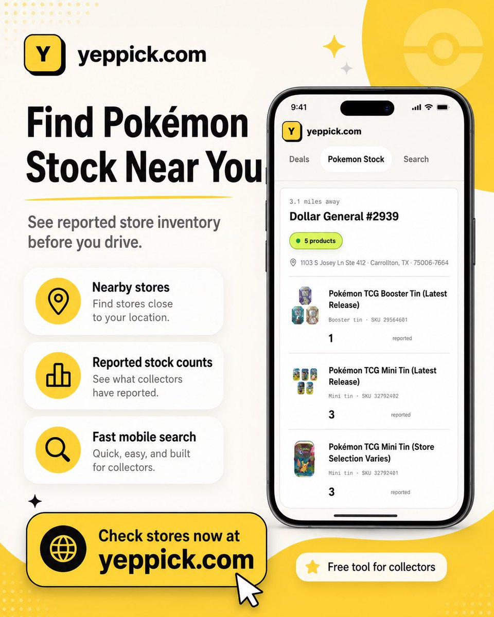 pk8_cn's tweet photo. 👀 Pokémon collectors…

Stop wasting gas checking empty shelves.

Use YepPick to find reported Pokémon stock near you before you leave home.

🚀 https://t.co/zAmMk3uzaY

More stores and features are on the way!

#PokemonTCG #Pokemon #PokemonCards #PokemonRestock https://t.co/frBLbaQzLJ