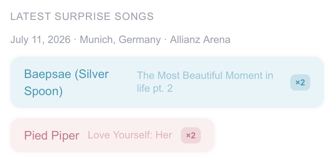 loretogt's tweet photo. #BTS_WORLDTOUR_ARIRANG #BTS_WORLDTOUR_ARIRANG_MUNICH 💜

Updated the website with the surprise songs from Munich Day 1 🇩🇪✨

🎤 Day 1:
• Baepsae (Silver Spoon)
• Pied Piper

Check the full surprise song tracker here 👇💜

https://t.co/3otqLZjM8M https://t.co/VGLgmmq7dq