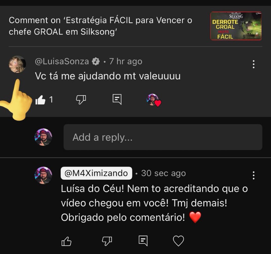 M4Ximizando's tweet photo. E a @luisasonza que comentou no meu video de #Silksong 😱.
Ela é gamer mesmo! https://t.co/LGwTGPFHmP