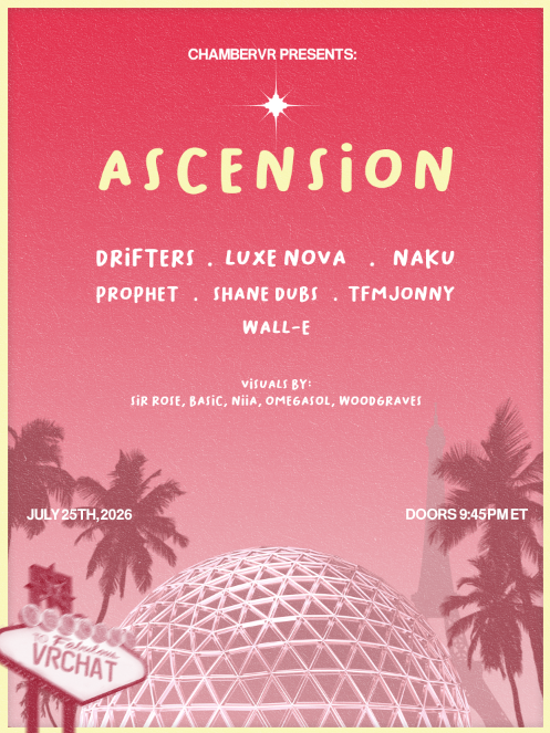 TheFluffVR's tweet photo. Chamber Presents: Ascension
The Rise of Live Perfomance
July 25th 9:45pm est

@ClubDriftersVRC  x @LuxeNovaEvents x @TheTempleVR x Strange Pear x CBD, @ChaoticRoseVR, Rock N' Deli, @MinistryPromoVR

9:45 pm est @SHVNE_DUBS (vj Niia)
10:15pm est @BlindTfs (vj @BASIC_BYTE )
10:45pm est @tfmjonny (vj @OmegaSolVR )
11:30pm est @LuxeNovaEvents
12am est @walleee_ (vj Woodgraves)
12:45am est @ClubDriftersVRC
1:15am est @im_naku (vj Sir Rose)

RSVP here for priority queue
https://t.co/npGNoojSJk