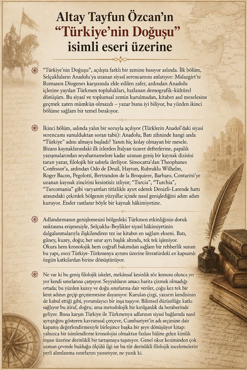FurkanUzel55's tweet photo. Altay Tayfun Özcan Hoca'nın "Türkiye'nin Doğuşu" eseri, Anadolu'nun "Türkiye" ismini alış serüvenini sağlam bir kaynak hâkimiyeti ve filolojik titizlikle ele alan çok kıymetli bir çalışma. Kitabın ana hatlarına dair kısa değerlendirmem için aşağıdaki görsele göz atabilirsiniz. 👇 https://t.co/kkeN43tq4E