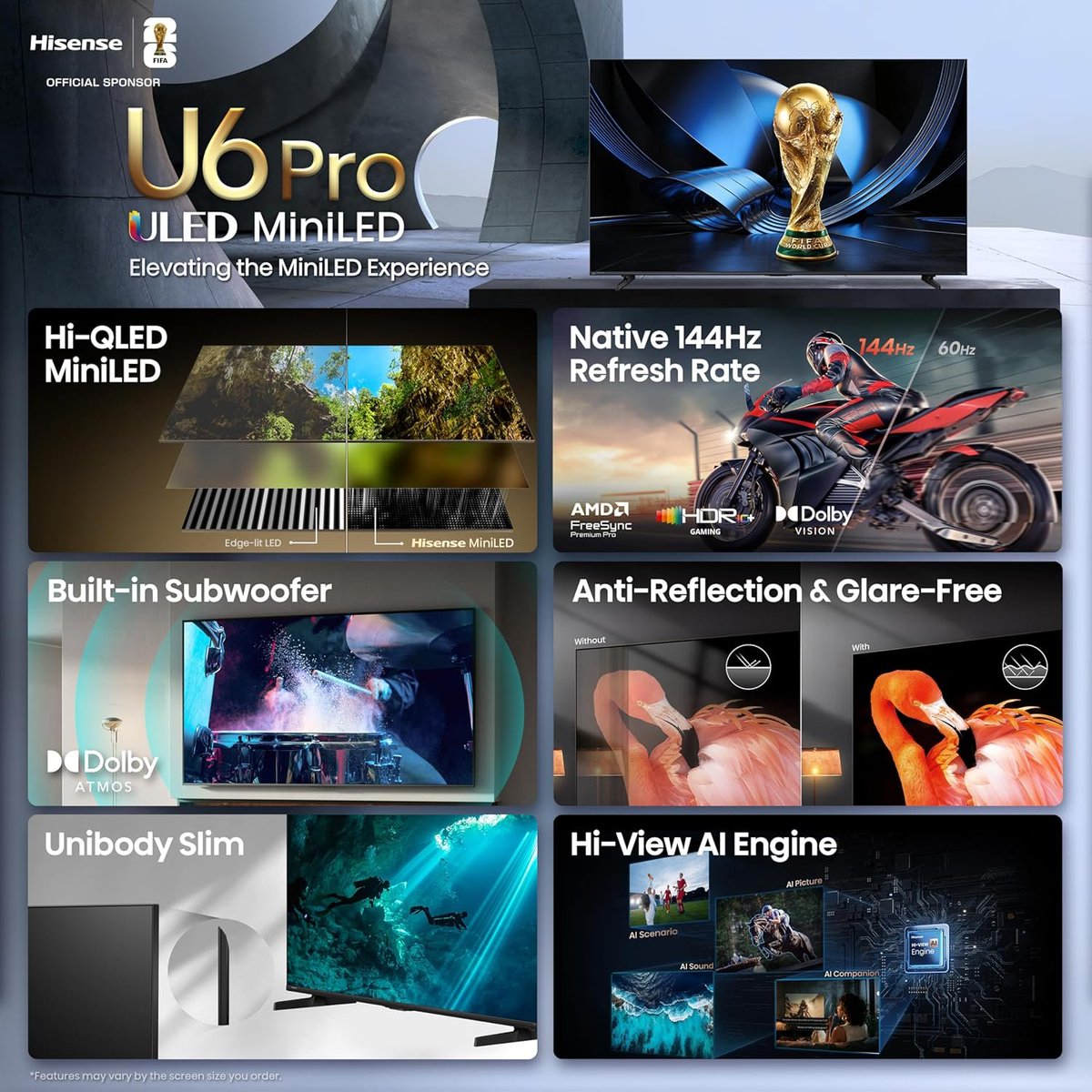 SlashByteTech's tweet photo. With striking contrast and vivid, lifelike color, unleash the power of high-quality visuals with the Hisense U6 Pro series TV!  

On sale now: https://t.co/vVkjC9TSx7 

#TechDeals #FIFAWorldCup #Art #Movies #TV #Theatre #Sports #Football #Soccer https://t.co/5HMvXMtEkD