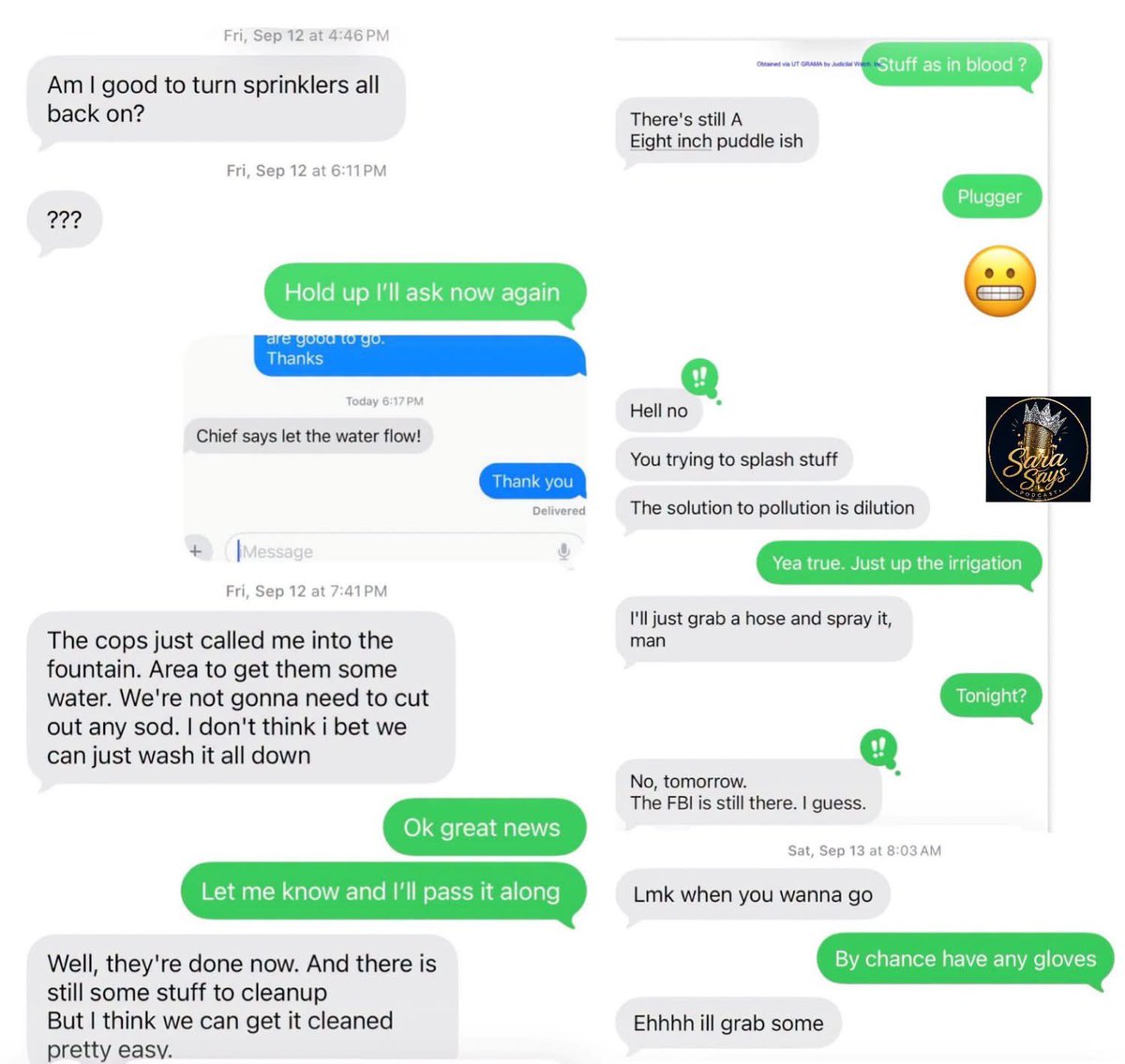 tricia_dejong's tweet photo. Saw on FB:
-Judicial Watch got exclusive files on the clean up job that took place at UVU immediately after Charlie Kirk’s death. The local police just wanted to wash it away with water and felt that was enough. FBI stepped in and demanded the soil be removed immediately. These are text from UVU employees. Judicial Watch was able to obtain 64 pages of records on the clean up. They will be first comment!👇🏼