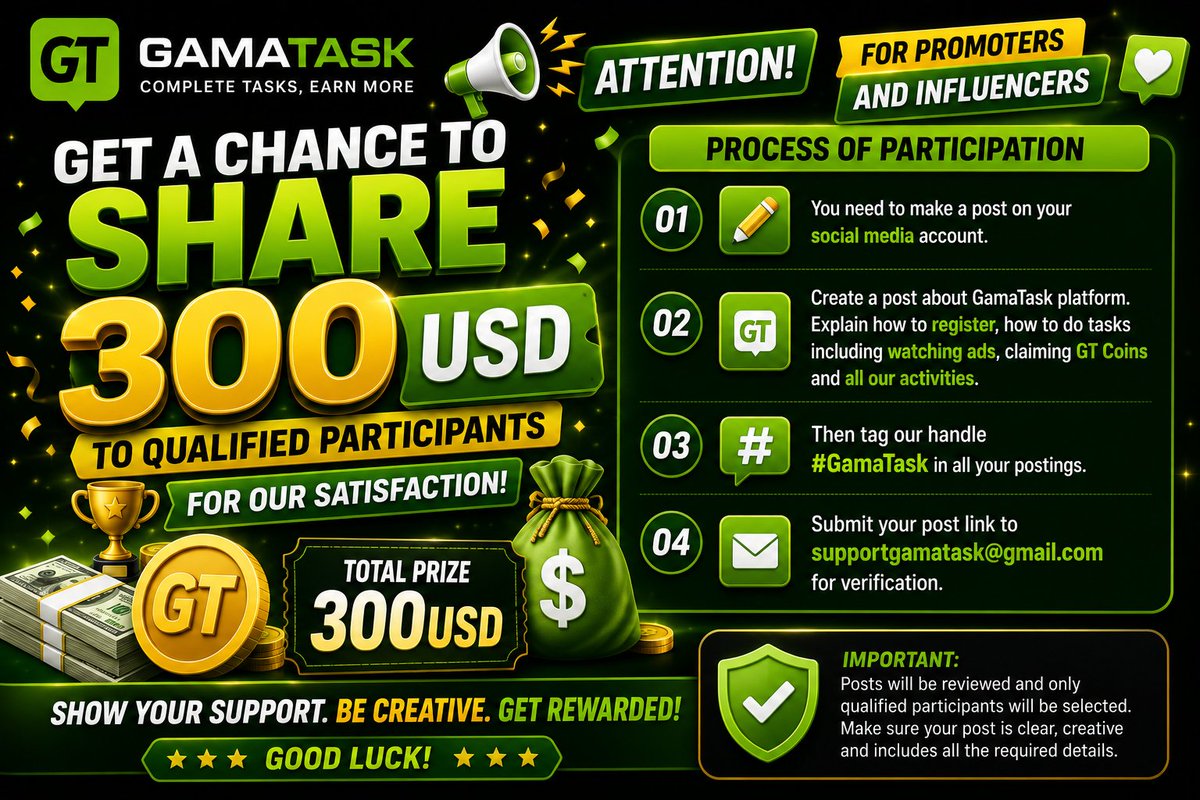 Ventures044's tweet photo. 🚨 CALLING ALL PROMOTERS & INFLUENCERS! 🚀
Here's your chance to share in a $300 USD reward pool! 💰
We're looking for creative content creators to help promote GamaTask.
✅ How to Participate:
📌 Create a post about GamaTask on your social media account. 📌 Explain how to register, complete tasks, watch ads, claim GT Coins, and earn rewards. 📌 Tag #GamaTask in every post. 📌 Send your post link to supportgamatask@gmail.com for verification.
⚠️ Important: Your content must be original, clear, and informative. Only qualified entries will be selected.
🎉 The best promoters and influencers will share the $300 USD prize pool!
Start creating, start promoting, and let your content shine!