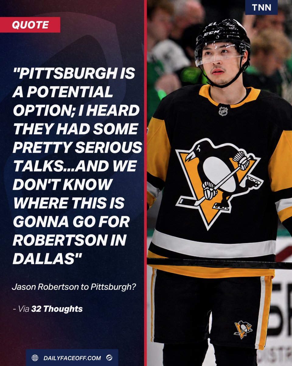 DailyFaceoff's tweet photo. Per Elliotte Friedman, the Penguins have had “pretty serious talks” with the Stars regarding Jason Robertson. Could Pittsburgh pull off a blockbuster? 👀🐧 https://t.co/s0WFO77qWd
