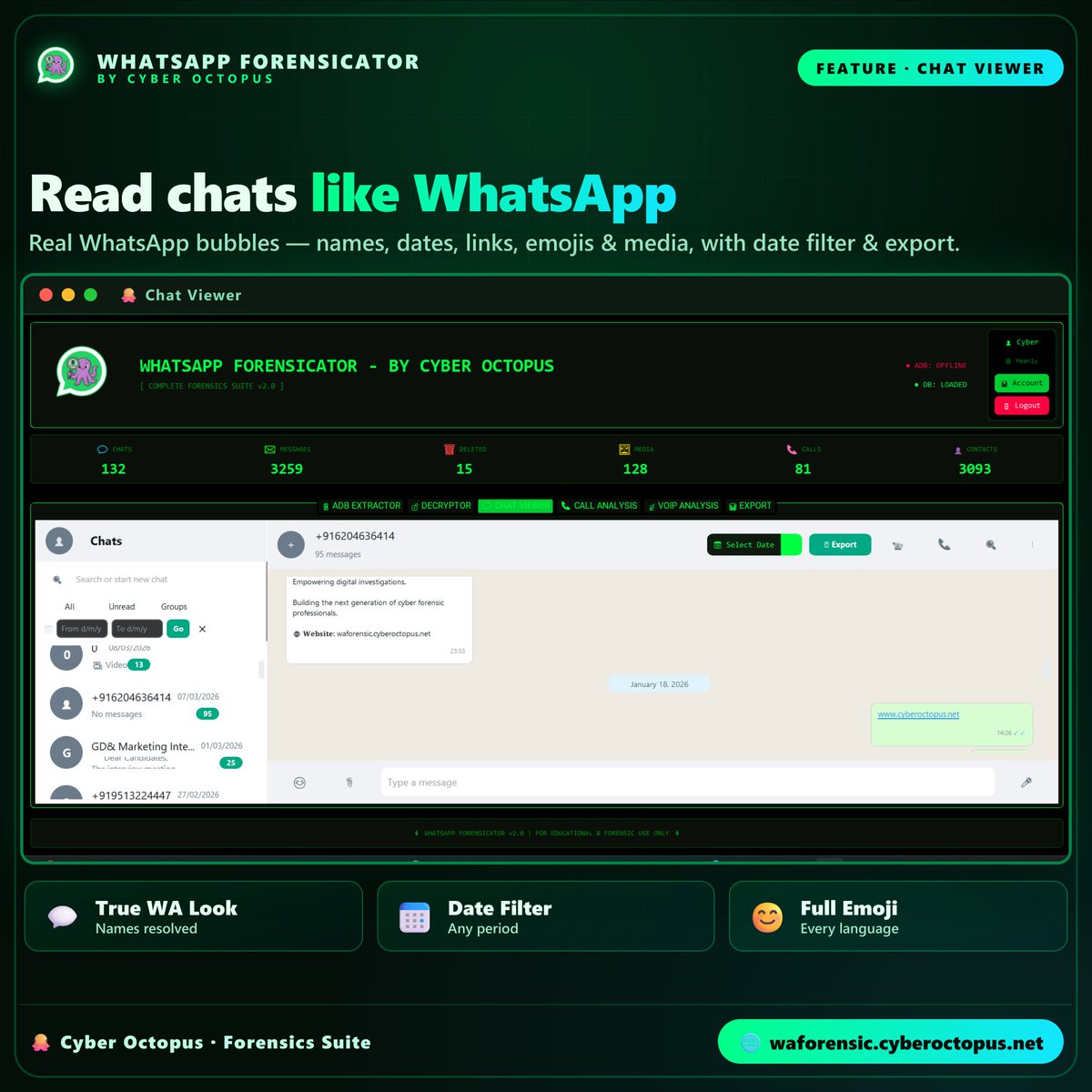 cyberoctopus1's tweet photo. WhatsApp Forensicator v2.0 — extract, decrypt &amp; analyze WhatsApp from any Android device. No root. 🔓

🌐 https://t.co/uu0VAbnBYZ
📩 DM us or WhatsApp: +91 6204636414

#cybersecurity #ethicalhacking #digitalforensics #infosec #cybercrime https://t.co/UVzK8MIXMR