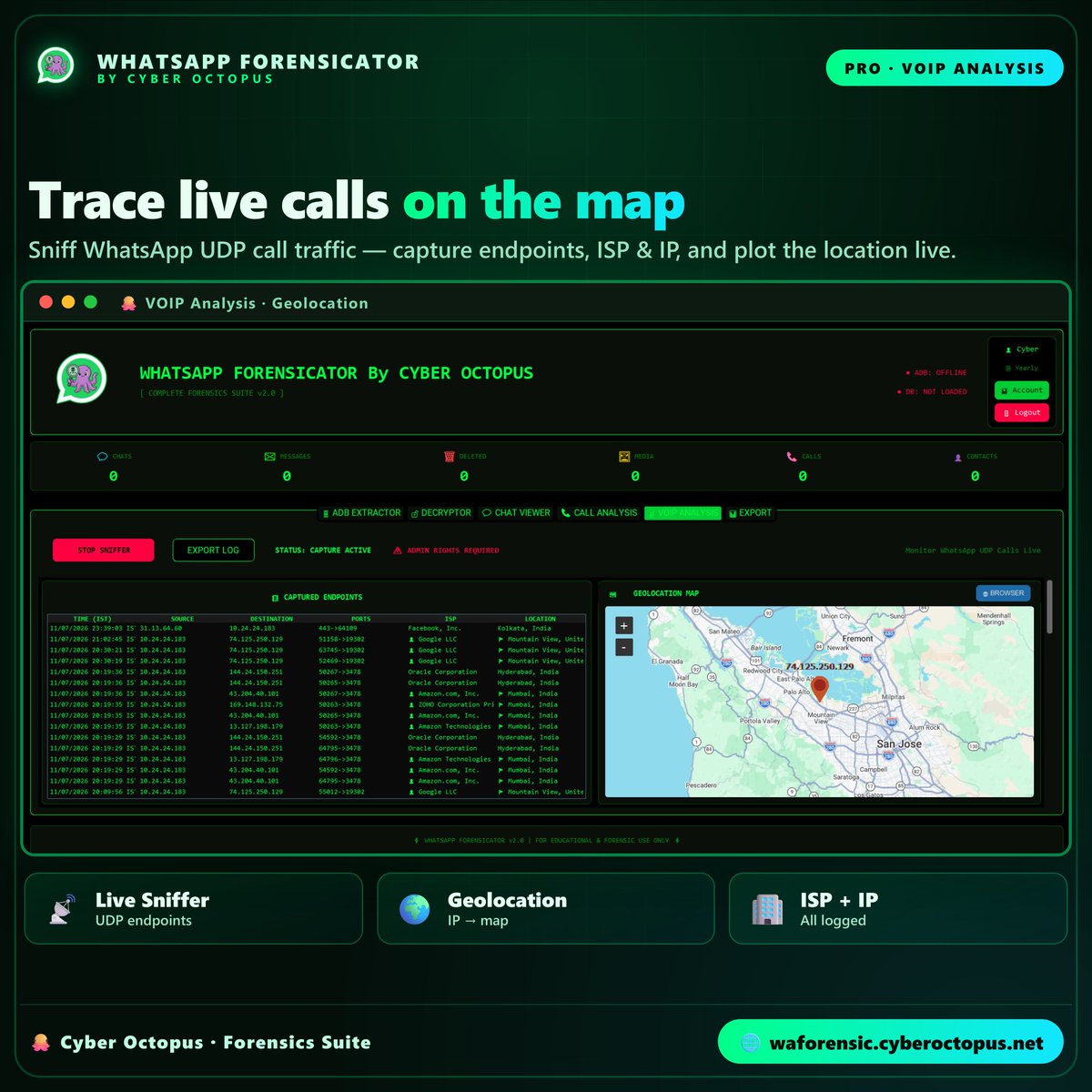 cyberoctopus1's tweet photo. WhatsApp Forensicator v2.0 — extract, decrypt &amp; analyze WhatsApp from any Android device. No root. 🔓

🌐 https://t.co/uu0VAbnBYZ
📩 DM us or WhatsApp: +91 6204636414

#cybersecurity #ethicalhacking #digitalforensics #infosec #cybercrime https://t.co/UVzK8MIXMR