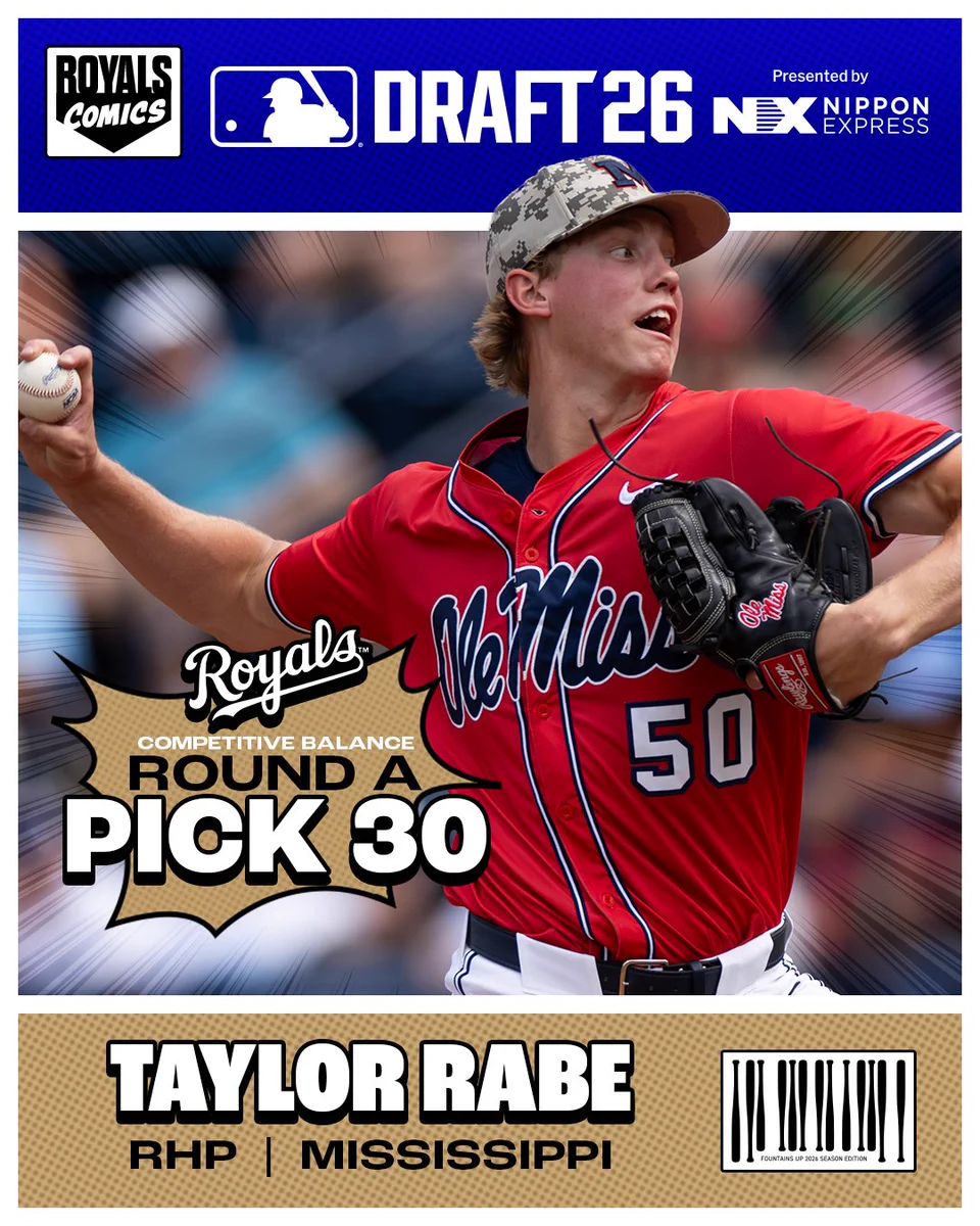 A graphic featuring Taylor Rabe throwing a pitch. Text on the graphic reads, "Royals Competitive Balance Round A, Pick 30, Taylor Rabe, RHP, Mississippi."