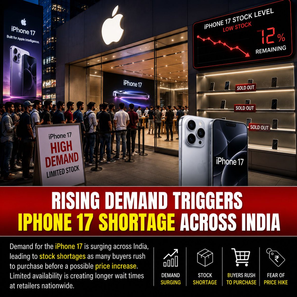 trendtechnext's tweet photo. Demand for the iPhone 17 is rising rapidly across India, leading to stock shortages in several regions. Many customers are rushing to buy the device early, worried that future price increases could make it even more expensive. https://t.co/zX39PCKxRQ