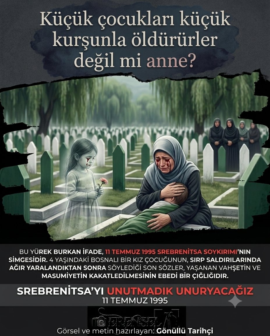 erensel38's tweet photo. "Çocukları küçük kurşunla öldürürler değil mi anne?"
11 Temmuz 1995... Srebrenitsa'da binlerce Boşnak erkek ve çocuk sistematik şekilde katledildi. Anneler evlatlarını, çocuklar babalarını, aileler sevdiklerini sonsuza dek kaybetti.
#SrebrenitsaSoykırımı https://t.co/BQbAtDDSF0