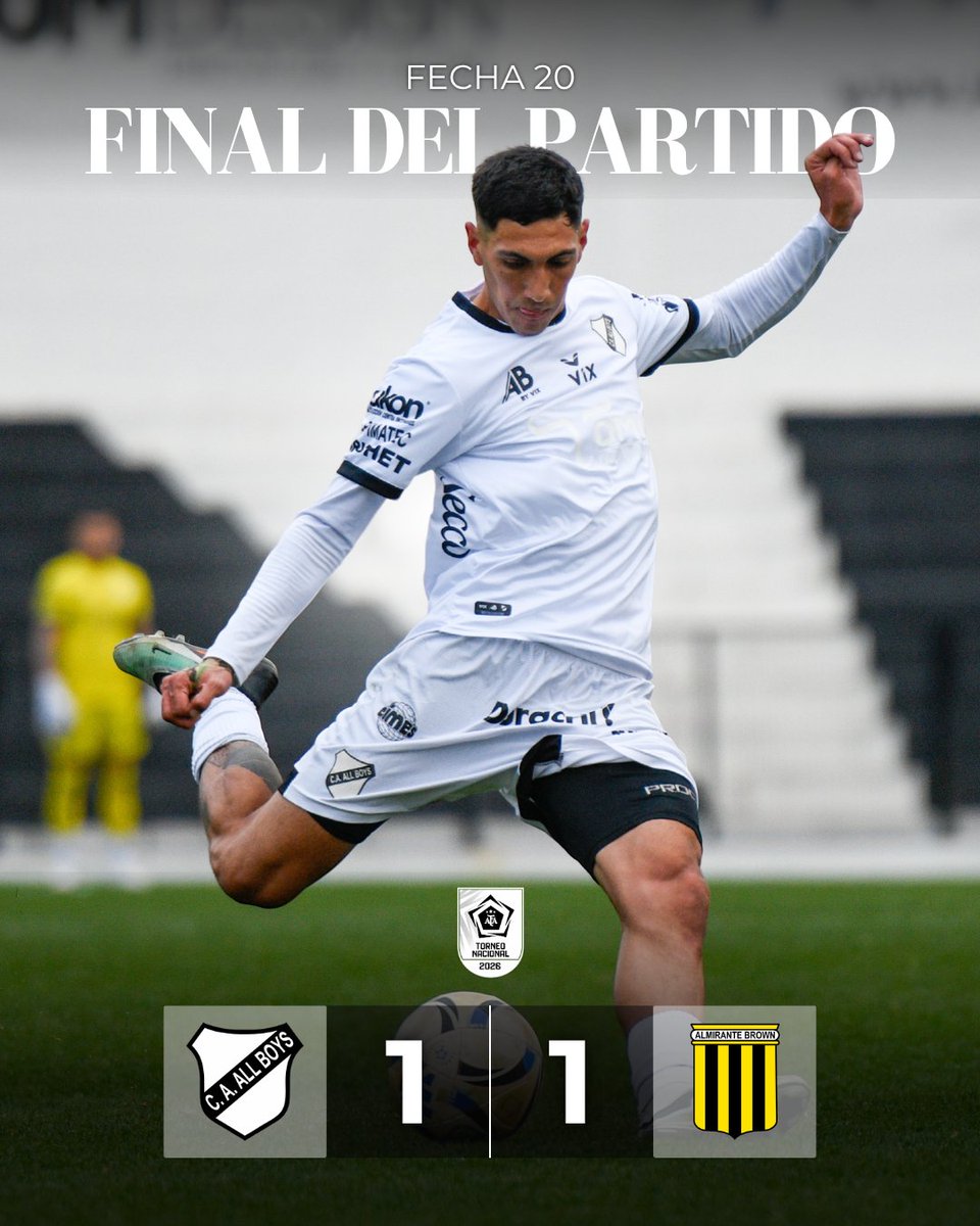 caallboys's tweet photo. @LPFPlay Finalizó el partido en Floresta

⚪️ Por la 20ma. Fecha de la #PrimeraNacional 2026, #AllBoys empató 1 a 1 ante #AlteBrown

⚽️ Santiago Apa

🤍🖤 #ElRoccaParaAllBoys 🖤🤍 https://t.co/t0o6JVANt5