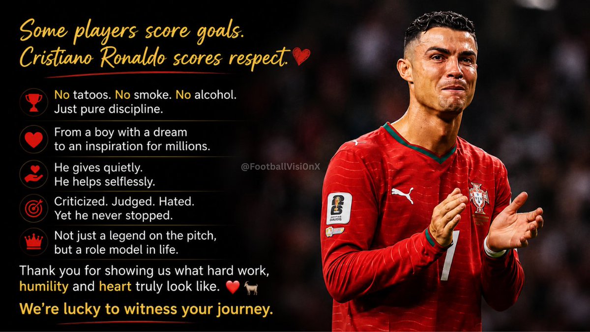 FootballVisi0nX's tweet photo. Greatness isn't only measured by goals or trophies.

It's also measured by discipline, consistency, humility, and the lives you inspire.

Cristiano Ronaldo has spent decades proving that success comes from hard work long after the applause fades.

Love him or criticize him, his dedication is impossible to ignore.

Thank you for inspiring millions to dream bigger and work harder. ❤️🐐

#CristianoRonaldo #CR7 #Portugal #Football #GOAT #Legend #Respect #Inspiration
