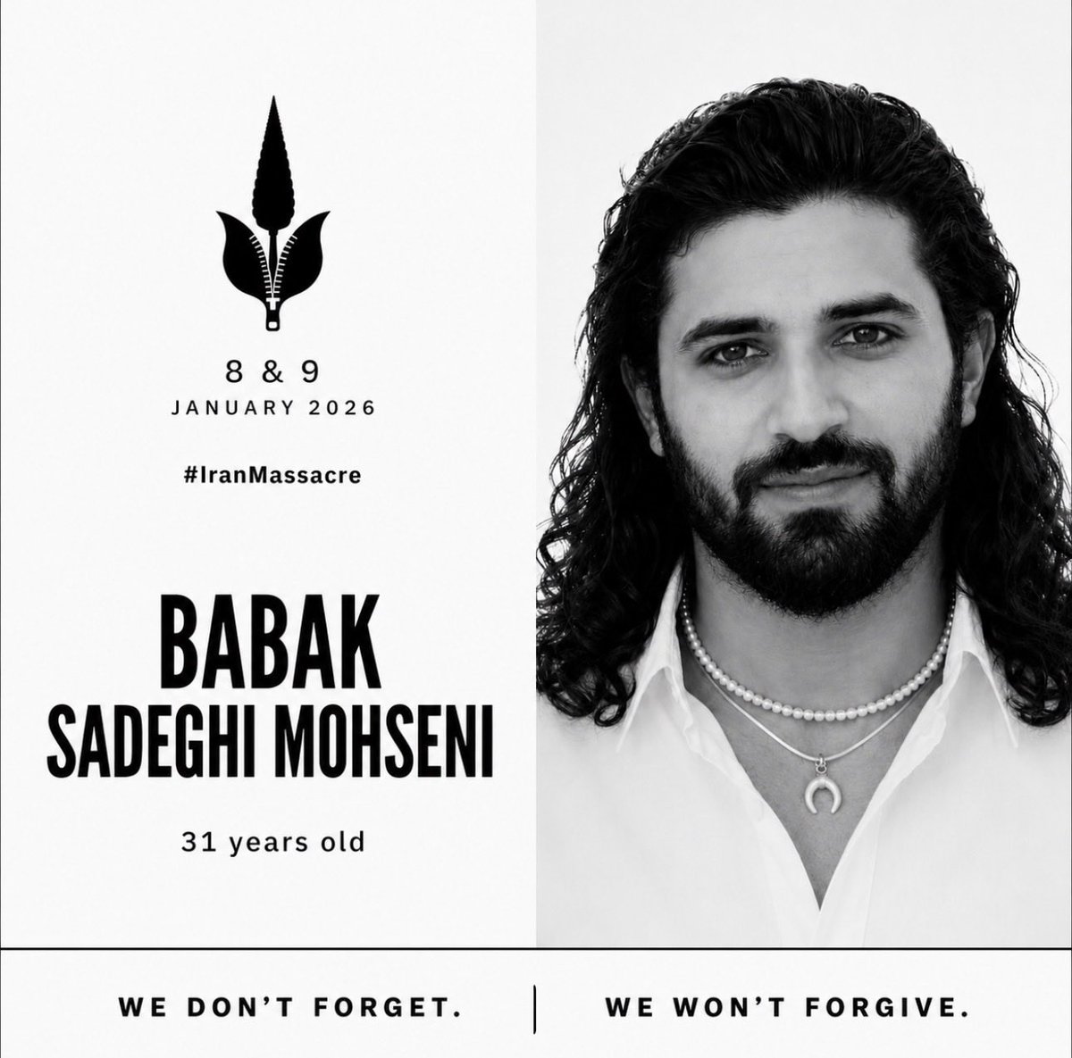 BeMyVoiceIran's tweet photo. #RememberJan8And9
My name is Babak Sadeghi Mohseni.
I was 31 years old, the youngest child in my family, a mountaineer, an athlete, and someone who loved nature.
Since the Woman, Life, Freedom uprising in 2022, my body had been filled with shotgun pellets. On January 5, 2026, while protesting in Hamedan, both of my legs were struck by more shotgun pellets.

To avoid arrest, I went to Tehran. Three days later, I returned to the streets. The Islamic Republic’s forces shot me in the head with live ammunition and killed me during the January 2026 massacre in Iran.
Please share my story so the world knows about the #IranMassacre.
#BeMyVoice
