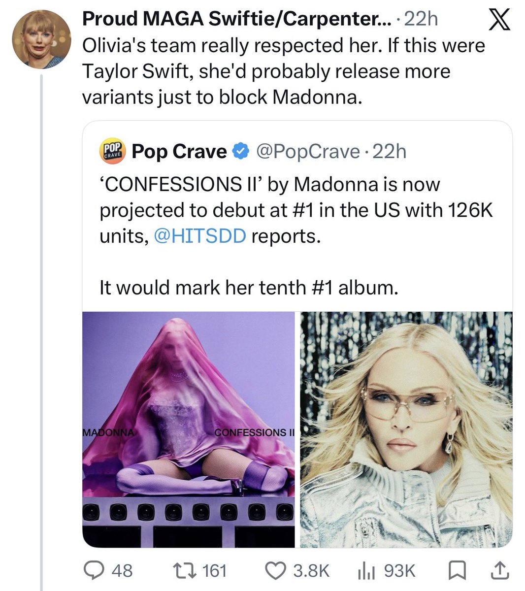 aidan7501's tweet photo. olivia already released 70 variants and she doesn’t have the demand to close a 26K gap in 2 days with this tired ass album lol https://t.co/ScgpbGnG3D