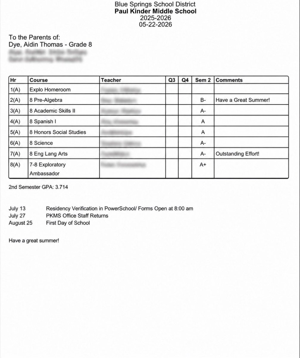 AidinDye's tweet photo. A little late, but here’s the transcript. 📚
Finished 8th grade with a 3.7 GPA. The work doesn’t stop here. On to the next chapter. 💯🏈 #StudentAthlete @JJPaul53 @bshsfootball @CoachSvarczkopf @CoachSherms @KStateRecruits @xzsiah https://t.co/BGTQRnC4sh