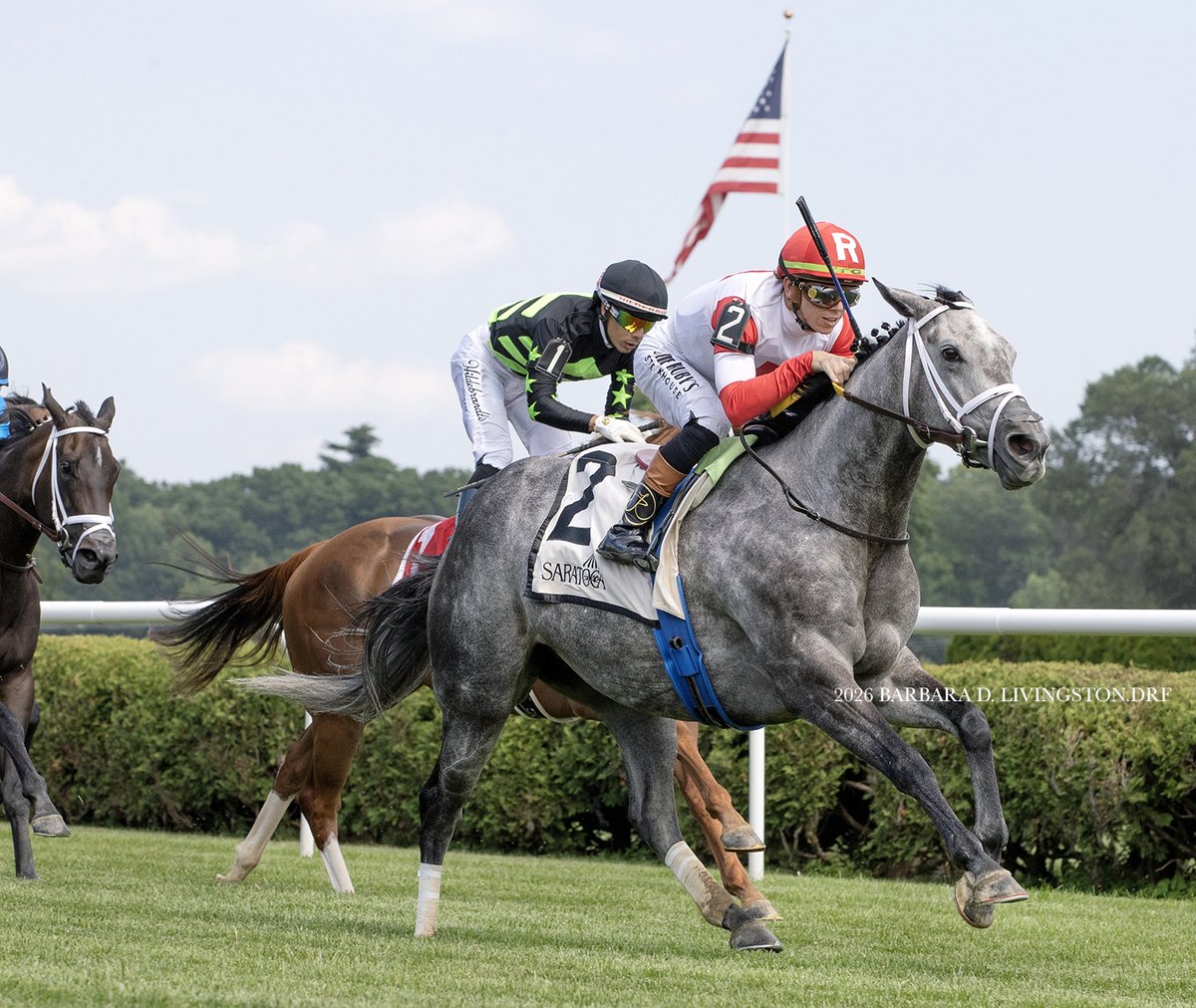 DRFLivingston's tweet photo. MOVIN' ON UP (Accelerate - Stifle Yourself, by Cairo Prince) won today's Grade 2 Caress Stakes at Saratoga. Zeitlos was second, In Our Time third.

MOVIN' ON UP is owned by Ken Ramsey, trained by Saffie Joseph, Jr., and she was ridden by Tyler Gaffalione.

She paid $12.62. https://t.co/c5HSijjoEI