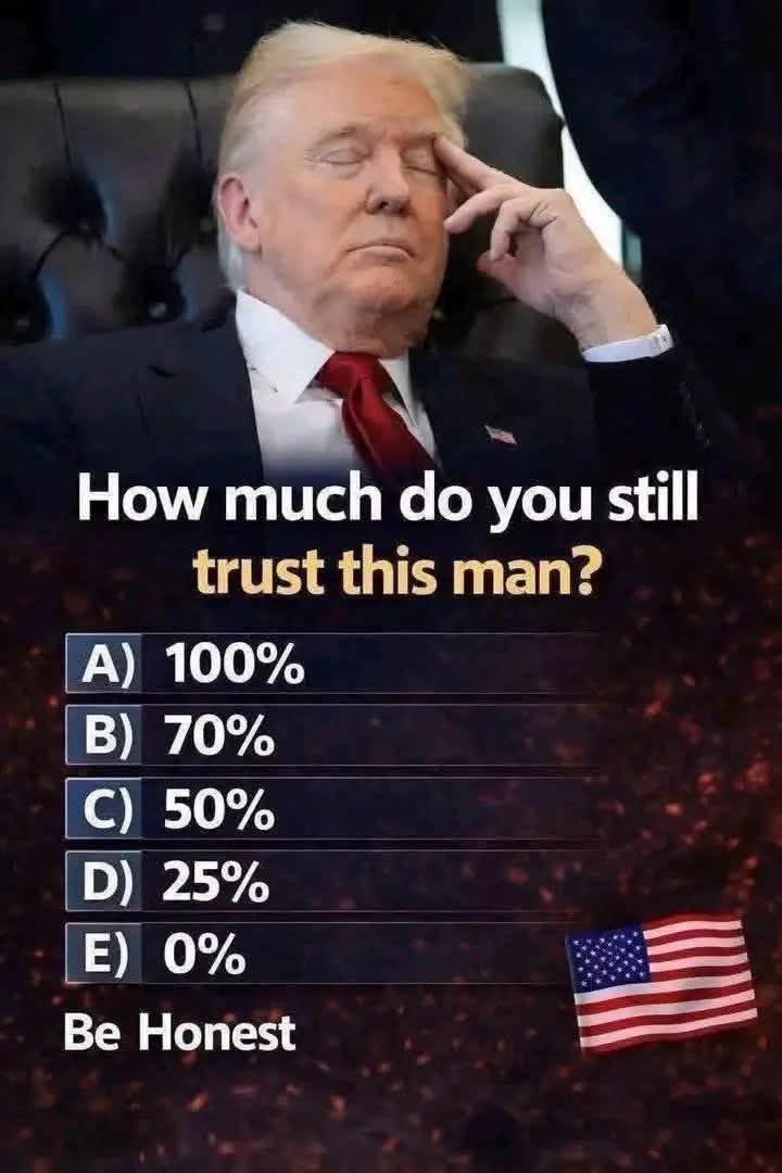 mtoo45139's tweet photo. How much do you still trust MR TRMP ? 🇺🇸
A : 100%
B : 70%
C : 50%
D : 25%
E : 0% 
Be honest with your answer ❓ https://t.co/XAdc85UMoh