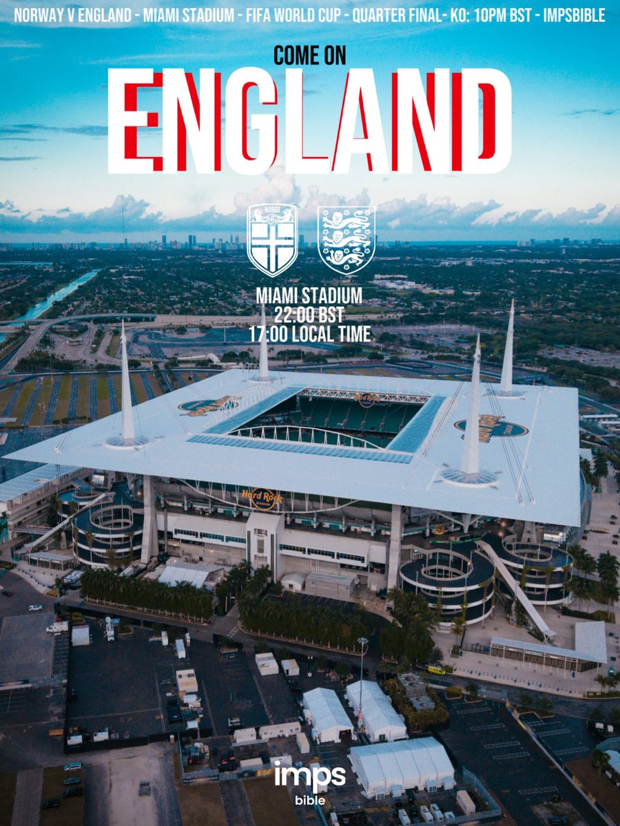 ImpsBible's tweet photo. 𝗜𝗧’𝗦 𝗖𝗢𝗠𝗜𝗡𝗚 𝗛𝗢𝗠𝗘 🏴󠁧󠁢󠁥󠁮󠁧󠁿

England take on Norway in the quarter final of the FIFA World Cup.

Where are you watching it and what’s your score prediction? 🤔

#WeAreImps #england #noreng #fifaworldcup #comeonengland #norway #worldcup #miamistadium #impsasone #uti https://t.co/Iy8Fmcc2VE