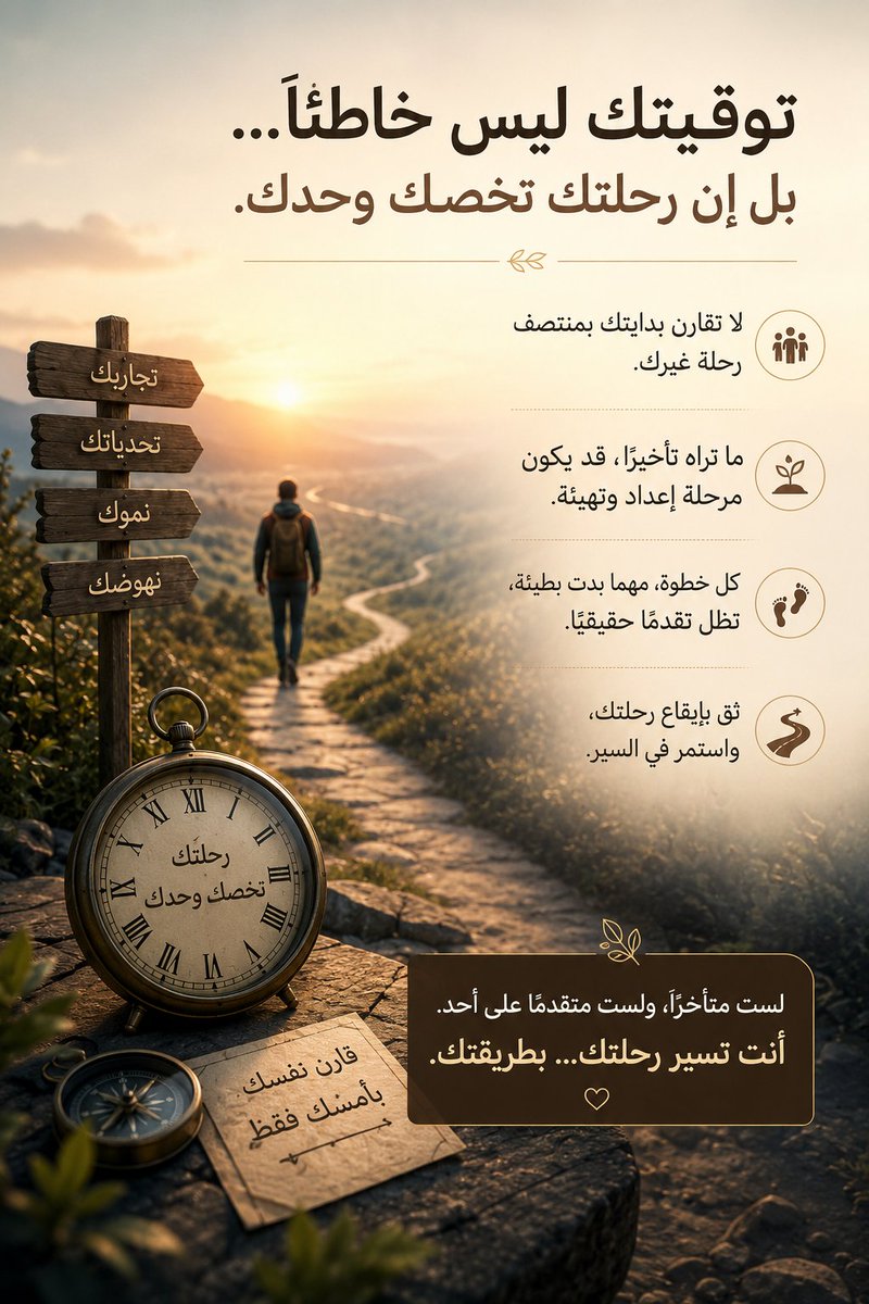 saad_almaleki's tweet photo. أخطر مقارنة قد تقوم بها... هي أن تقارن توقيتك بتوقيت الآخرين.

ترى شخصا تزوج قبلك... وآخر أسس مشروعه... وثالثا حقق نجاحا مهنيا لافتا...

فتبدأ بسؤال يؤرقك: "لماذا تأخرت أنا؟"
لكن ما تراه هو النتيجة... ولا ترى القصة التي سبقتها.
لا ترى عدد المحاولات التي فشلت، ولا الظروف التي اختلفت، ولا الفرص التي توفرت لهم ولم تتوفر لك، أو العكس.

لهذا... فإن مقارنة توقيتك بتوقيت غيرك ليست عادلة.
لأنك لا تقارن إنجازين فقط... بل تقارن بين رحلتين مختلفتين تماما.

في القيادة الذاتية، لا يُقاس النجاح بسرعة الوصول، بل بالقدرة على الاستمرار في السير والتعلم والتكيف والنهوض بعد كل تعثر.

قد تصل متأخرا... لكنك تصل أكثر وعيا.
وقد يتقدم غيرك اليوم... ثم يتوقف غدا.
لذلك، لا تجعل ساعة الآخرين تحدد شعورك تجاه نفسك.

اسأل نفسك بدلا من ذلك: هل أنا اليوم أفضل مما كنت عليه بالأمس؟
إذا كانت الإجابة نعم... فأنت تتحرك في الاتجاه الصحيح، حتى وإن كان تقدمك بطيئا.
ليس المطلوب أن تسبق الجميع... بل أن تستمر في التقدم دون أن تتوقف بسبب المقارنة.

وتذكر دائما:
رحلتك ليست نسخة من رحلة أحد... لذلك لا تجعل توقيت الآخرين معيارا للحكم على حياتك.