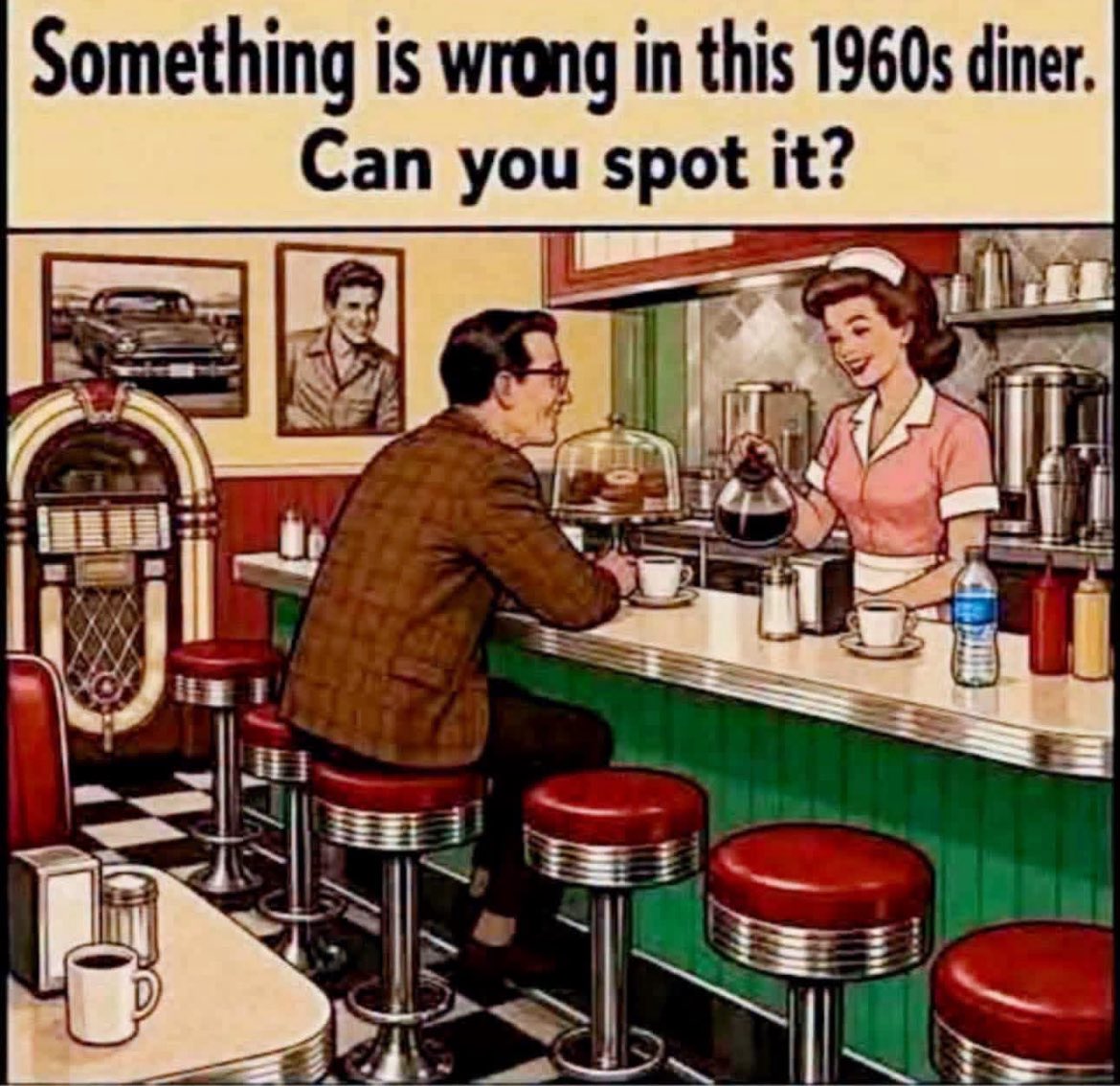 mtoo45139's tweet photo. Something is wrong in this 1960s diner. Can you spot it? 👀
Only those with a keen eye and the right knowledge will get it right! 🤔 https://t.co/UgRIpDAjaA