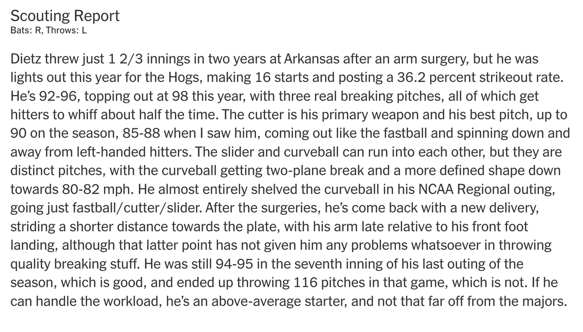 BrendanKutyNJ's tweet photo. Yankees select lefty pitcher Hunter Dietz out of Arkansas. He was ranked No. 12 on The Athletic's Big Board. 

"If he can handle the workload, he's an above-average starter, and not that far off from the majors." https://t.co/A67jC2gl1q