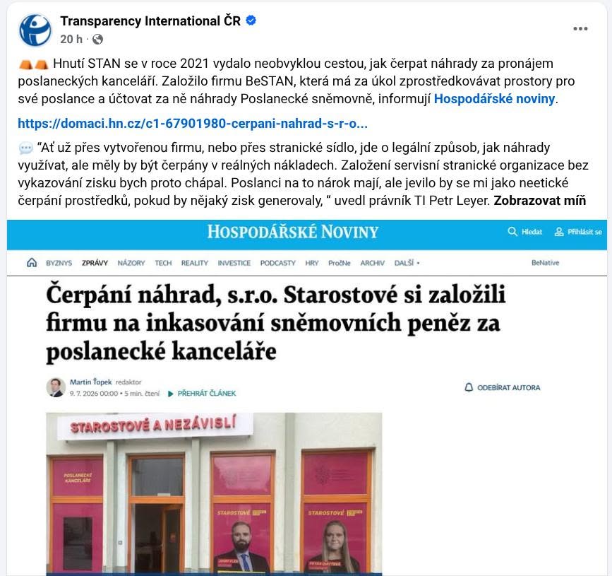 okurkabinladin's tweet photo. THOMAS PAUKNER: Tady končí legrace. Spadla další maska.

Nezisková organizace Transparency International o sobě tvrdí, jak proti korupci bojuje tvrdě a nesmlouvavě. Na jejím webu je mnoho vzletných slov o tom, jak neřeší politickou příslušnost a měří každému stejně.

https://t.co/ZDZkKpzDCI

Za uplynulých 6 měsíců se přesně 98 % všech jejích příspěvků na Facebooku a na webových stránkách věnovalo střetu zájmů Andreje Babiše, Motoristům a současné vládě

To by nutně nebyl problém, ale příspěvek ze včerejšího dne - ten je doslova šílený.

https://t.co/CKlOb3j5Wn

“Ať už přes vytvořenou firmu, nebo přes stranické sídlo, jde o legální způsob, jak náhrady využívat, ale měly by být čerpány v reálných nákladech. Založení servisní stranické organizace bez vykazování zisku bych proto chápal. Poslanci na to nárok mají, ale jevilo by se mi jako neetické čerpání prostředků, pokud by nějaký zisk generovaly, “ uvedl právník TI Petr Leyer.

Výše uvedená slova pronesl zástupce neziskové organizace. De facto jimi hájí hnutí STAN a uvádí, že je čerpání poslaneckých náhrad do stranické kasy legální.

Aha? Pan Leyer si asi neprošel konkrétní smlouvy a "zapomněl" uvést, že si hnutí STAN pronajalo kanceláře od státu (Lesů České republiky), aby je tomu samému státu (Poslanecké sněmovně) pronajalo za násobně vyšší cenu.

Ve smlouvách hnutí pronajímá Poslanecké sněmovně totožnou kancelář třikrát (!!!) a inkasuje násobně vyšší nájemné, než jaké za prostory platí. Peníze končí v samotném (!!!) hnutí, tedy v dceřiné firmě BeSTAN.

Smlouvy a detaily jsou uvedené v příspěvku - 

https://t.co/3s4Fv3VW88

Ani logika nesedí. Kdyby si hnutí nepronajímalo kanceláře s úmyslem tvořit zisk, asi by si nezakládalo dceřinou firmu a skrze ní nepřepronajímalo státní nájem tomu samému státu.

Bez generování zisku tento systém nedává žádný (!!!) smysl. Nedá se vysvětlit a nedá se obhájit ničím jiným, než vyděláváním peněz na nájmech. Kdyby hnutí nechtělo tvořit zisk, pronajímalo by kanceláře tak, jak to dělají všechny (!!!) ostatní politické strany - poslanec by si pronajal kancelář přímo od nájemce, nikoli od prostředníka.

Ale ne, je to prý legální. Bez jakékhokoli ostychu to sdělil právník Transparency International, tak to musí být pravda.

Proč se organizace bojující proti korupci vydává na obhajobu Víta Rakušana a jeho hnutí v takto očividně nelogickém případě organizovaného vysávání státního rozpočtu?

Jsou za tím peníze.

V letech 2022 až 2025 totiž organizace získala desítky milionů (!!!) korun od těch, které měla hlídat. Zejména od Jana Lipavského z Pirátů a nominantů hnutí STAN z pražských a středočeských firem.

Za jakou činnost jsme my všichni, skrze daně, platili "protikorupční" Transparency International?

Celých 2,4 milionu korun bylo v roce 2025 vyplaceno za účelem monitoringu voleb v Kosovu !!! Dotaci schválil ministr Lipavský skrze resort zahraničí. Rok 2023 byl ještě výživnější. Transparency International - opravdu, níže jsou odkazy - za 1,4 milionu korun od Ministerstva zahraničí monitorovala kvalitu protikorupčních aktivit v Myanmaru (!!!). Ano, v tom Myanmaru vedeném vojenskou juntou, kde probíhá občanská válka.

Neziskovka také posilovala protikorupční mechanismy v komunistickém Vietnamu (!!!). Opět v roce 2023, opět za 1,5 milionu.

Je toho šíleně moc. Fotografie v příspěvku je více než vypovídající.

https://t.co/baVixkhqSN

To ale není vše. V roce 2022 získala Transparency International bez výběrového řízení (!!!) zakázku za 2,3 milionu korun od Středočeského dopravního podniku. 

Kraj vede hejtmanka za hnutí STAN.

https://t.co/zpz0c5lSH3

Neziskovka měla kontrolovat hospodaření krajské firmy a mezitím jí stát vedený i hnutím STAN štědře přispíval desítkami milionů korun skrze financování výletů do Myanmaru, Vietnamu, Kosova, Bosny, Moldavska a dalších zemí.

Další smlouva, za 1,8 milionu, byla neziskové organizaci opět bez výběrového řízení přidělena Pražskou vodohospodářskou společností - světe, div se, vede jí nominant Petra Hlubučka ze STAN, Pavel Válek.

https://t.co/pzL1erLHUY

Ve výroční zprávě za rok 2025 uvádí Transparency International následující slova,

"Z hodnocených politických stran a politických hnutí dopadlo z hlediska transparentnosti kampaní nejlépe hnutí STAN, které si odnáší známku 1,3. Na druhém místě se umístili Piráti, kteří se s hodnocením 1,7 stále drží pod hranicí dvojky.

Další kandidující strany a hnutí následují s větším odstupem. Koalice SPOLU získala známku 3,4, hnutí ANO se drží na 3,9. STAČILO! dostalo čistou 4 a SPD známku 4,1. Hodnocení uzavírají na posledním místě Motoristé se 4,4."

https://t.co/bOf2LipXXM...

Ano, hnutí STAN mělo nejtransparentnější financování. Firmu BeSTAN založenou za účelem přečerpávání vyšších milionů ročně z poslaneckých náhrad do kasy politické partaje zřejmě "experti" Transparency International jaksi "přehlédli".

Přece by se protikorupční organizace nevymezovala proti Pirátům, kteří skrze Jana Lipavského přihráli příjemné desítky milionů a hnutí STAN, které skrze pražské a středočeské firmy také přispělo "nějakým tím milionem".

Za rok 2025 dosáhla Transparency International obratu 12,6 milionů korun. Dárci přispěli částkou 1,6 milionu, zbytek tvoří dotace z Evropské unie, České republiky a dalších veřejných institucí i politických nadací ze zahraničí.

Může mi někdo vysvětlit, jak má neziskovka s krásným názvem Transparency International kontrolovat politiky, když je závislá na penězích, které jí ti samí politici přihrají?

Nelze se pak divit, když domnělá "protikorupční" organizace hájí Víta Rakušana tak pitomě a nelogicky, že to kohokoli s funkčním mozkem vyloženě bolí. Přece by Transparency International nekousala do ruky, která organizaci dlouhé roky živila...

To demaskování tuzemského mediálního a "protikorupčního" prostředí jde rychleji, než bych kdy čekal.

Šalom.