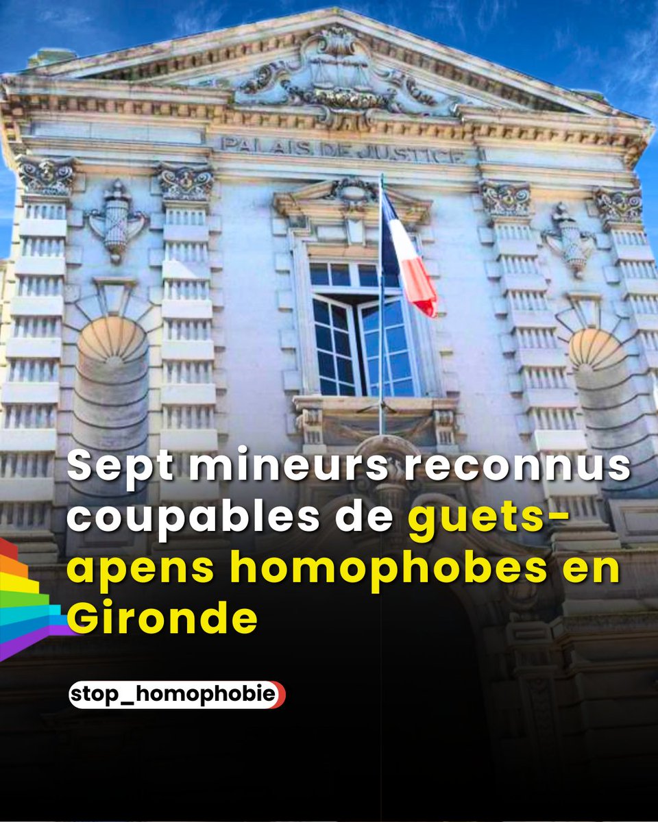 stop_homophobie's tweet photo. 🚨 Le tribunal pour enfants de Libourne a reconnu coupables, vendredi 10 juillet, sept adolescents , de 14 à 17 ans, poursuivis pour une série d’agressions homophobes organisées en Haute-Gironde.

Les victimes étaient attirées via de faux profils créés sur l’application Grindr, avant d’être piégées dans des lieux isolés et agressées en groupe, à coups de poing et de pied, et, dans certains cas, à l’aide d’objets contondants, dont une barre de fer ou un marteau brise-vitre. Les attaques ont été préparées et organisées en amont.

🔗 https://t.co/Nsy5BXCLqC

#StopHomophobie #LGBTQIA+ #Homophobie #ViolencesLGBT #Grindr #Justice #DroitsLGBT #LutteContreLaHaine