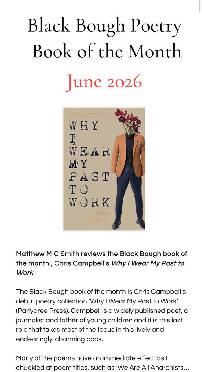blackboughpoems's tweet photo. ‘A lively and endearingly-charming book’ 

- @MatthewMCSmith reviews the book of the month for Black Bough. Chris Campbell’s ‘Why I Wear My Past to Work’ 

https://t.co/bZuMGAnDqL https://t.co/N43inntBgr