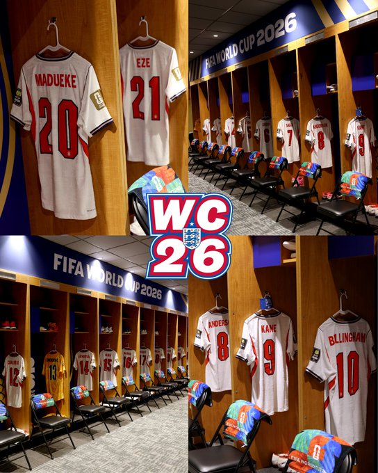 Four images of the shirts in the England dressing room