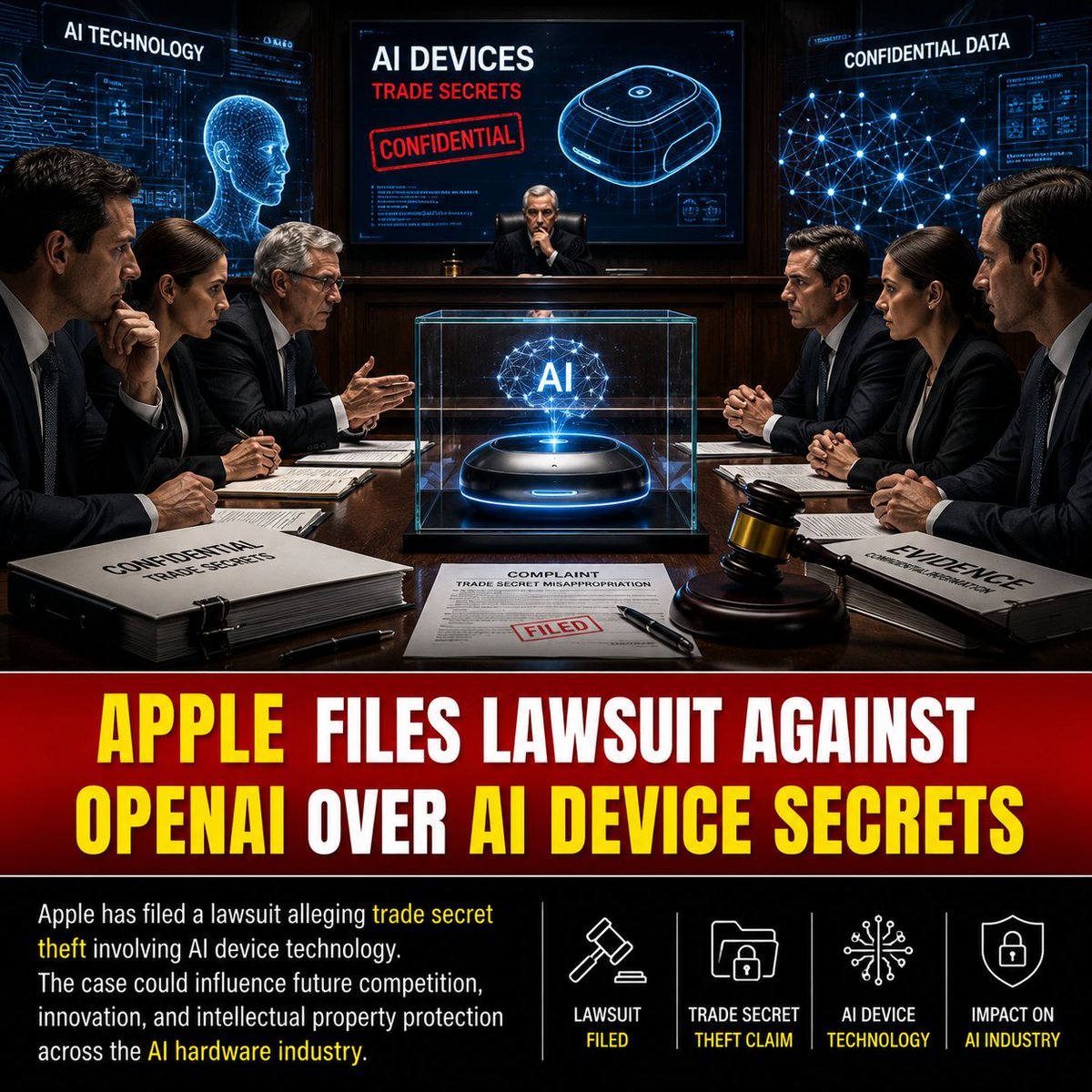 trendtechnext's tweet photo. Apple has filed a lawsuit against OpenAI, alleging that confidential trade secrets related to AI devices were misused. If the claims hold up in court, the case could become one of the most significant legal battles in the rapidly evolving AI hardware space. https://t.co/JdqpD0VmFn