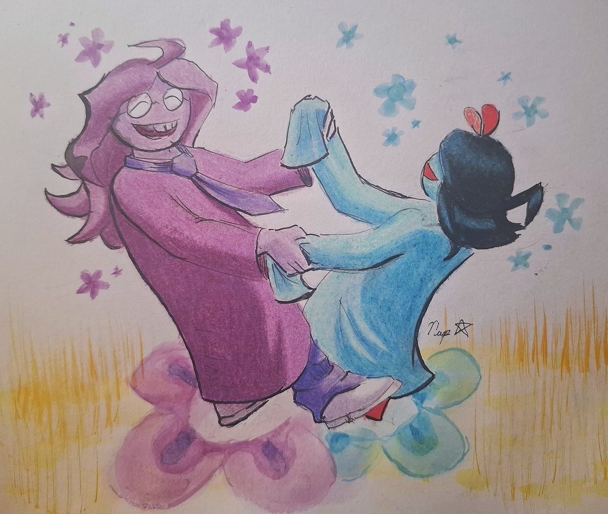 naprhgr's tweet photo. I drew Seth and Aqua from Deltarune Chapter 5, I think I got Seth's hair wrong but despite it I liked this drawing

#art #traditionalart #deltarune https://t.co/VD0COOv6UI