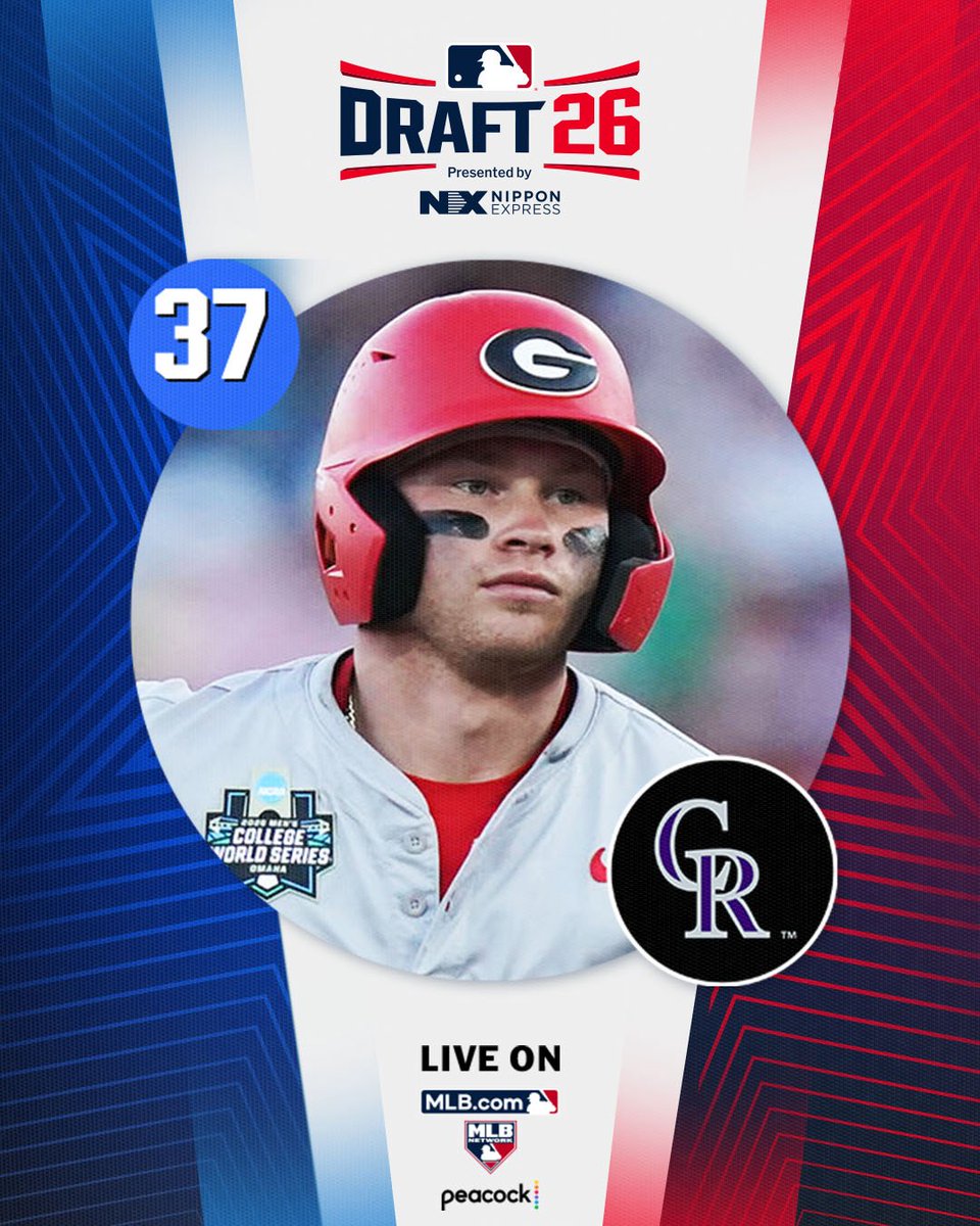 MLBDraft's tweet photo. With the 37th pick in the 2026 Draft, the @Rockies select @BaseballUGA catcher Daniel Jackson, No. 28 on the Top 250 Draft prospects list.

Watch live: https://t.co/XWNTXiKgPC https://t.co/k6Xp8rL7GK