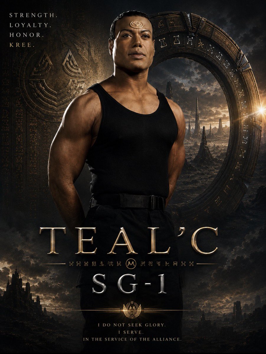 JamesBryhan's tweet photo. A reminder @AmazonMGMStudio 

Teal'c is a Jaffa warrior from the planet Chulak. As a Jaffa, Teal'c is a genetically modified human with an abdominal pouch that serves as an incubator for a larval Goa'uld. The larval symbiote grants enhanced strength, health, healing, and longevity; Teal'c is around 100 years old during the show's run and ages an additional 50 years in the final SG-1 episode. Teal'c's most notable feature is a golden tattoo found on his forehead, a sign that he once served the System Lord Apophis as First Prime, the most senior Jaffa rank.

#SaveStargate