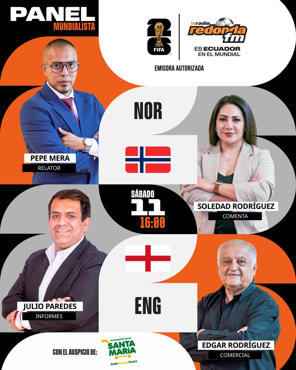 LaRadioRedonda's tweet photo. La Radio Redonda #Quito ⚽
🗓️ Sábado 11 de julio

🏆 Mundial - 4tos.
📋 Noruega vs. Inglaterra
🕒 16:00
📡 96.9 FM

🎙️ Relatos: @pep_mera
🎙️ Comentarios: @sol_deportiva 
🎙️ Comercial: @viejoedgar2
🎙️ Informes: @julioeparedes1 

#MundialxLaRedonda 📻 https://t.co/wESgnRvaOM