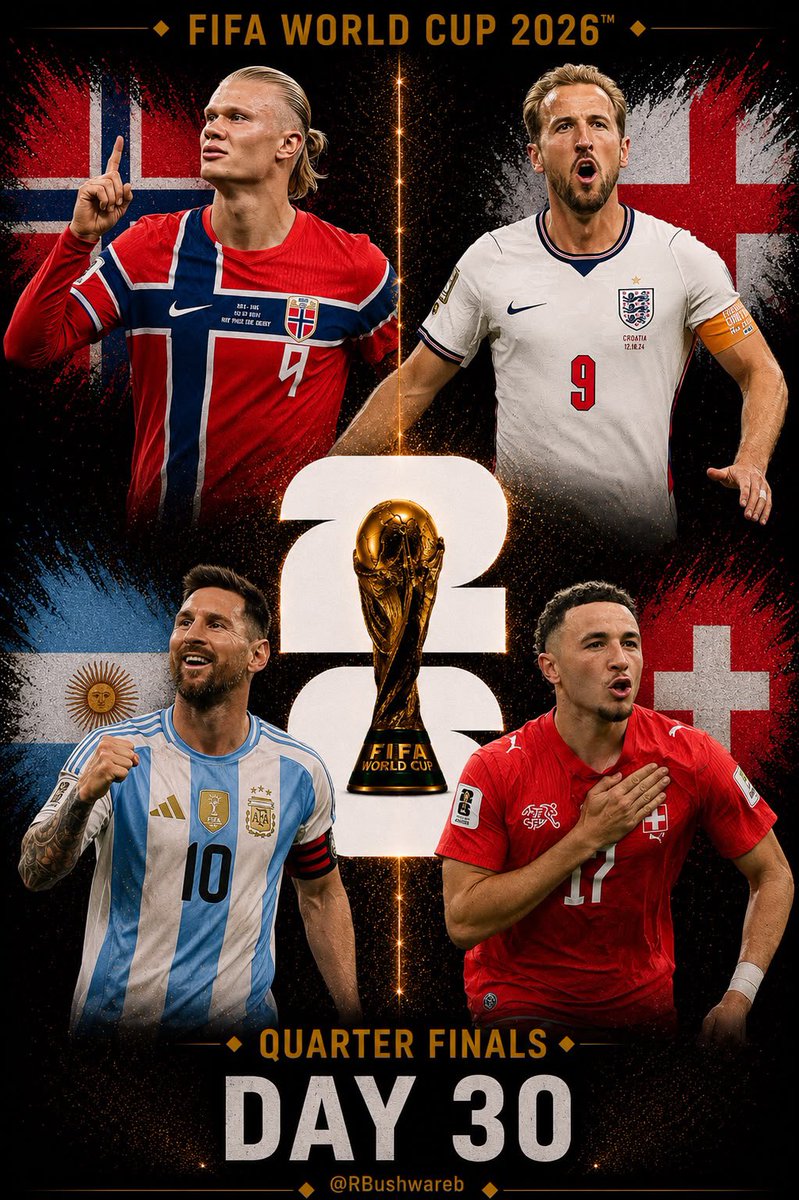 RBushwareb's tweet photo. 🏆 FIFA World Cup 2026 – Quarter-finals (3/4) &amp; (4/4)

🇳🇴 Norway vs England 🏴󠁧󠁢󠁥󠁮󠁧󠁿

🇦🇷 Argentina vs Switzerland 🇨🇭 https://t.co/PZfnBd3XrO