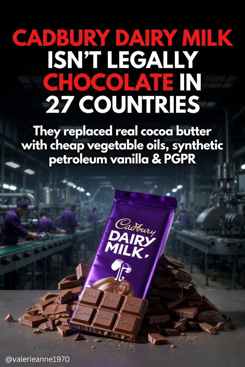 ValerieAnne1970's tweet photo. CADBURY DAIRY MILK ISN’T EVEN LEGAL CHOCOLATE ANYMORE —

They quietly swapped real cocoa butter for cheap junk and hoped you wouldn’t notice. Now it’s banned from being called “chocolate” in 27 countries. You’re not getting nostalgic chocolate — you’re getting an ultra-processed imitation bar loaded with ingredients your body was never meant to handle.

Here’s what’s really inside:

• Industrial seed oils (vegetable oils): Replaced expensive cocoa butter. These are high in inflammatory omega-6 fats, easily oxidized into harmful compounds, and linked to chronic inflammation, heart disease, obesity, and disrupted hormones. Your body treats them like foreign invaders.

• Synthetic petroleum-based vanilla (vanillin): Made from petrochemical waste, not real vanilla beans. This lab-created fake flavor carries potential toxic byproducts and offers zero of the antioxidants or benefits of natural vanilla.

• PGPR (Polyglycerol polyricinoleate): A cheap emulsifier often derived from castor oil that lets them use less actual cocoa butter. It helps the fake ingredients stick together but can interfere with digestion and nutrient absorption while delivering zero nutritional value.

Real chocolate is simple: cocoa, cocoa butter, sugar, milk, and real vanilla. Anything else is overpriced, ultra-processed junk dressed up in purple nostalgia.

Stop rewarding companies that quietly sabotage your health for profit. Flip the wrapper. Check the ingredients. Choose real chocolate from brands that still use actual cocoa butter.