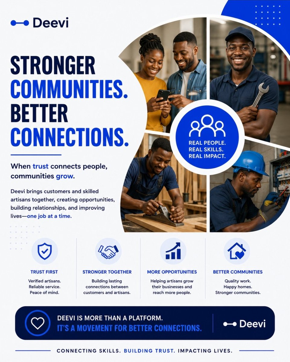 its_deevi's tweet photo. Communities grow when trust comes first.

At Deevi, we're building more than a platform.
We're building stronger connections between customers and skilled artisans.

One trusted connection at a time.

#Deevi #Startup #Nigeria #HomeServices https://t.co/3YHW3Pcrws