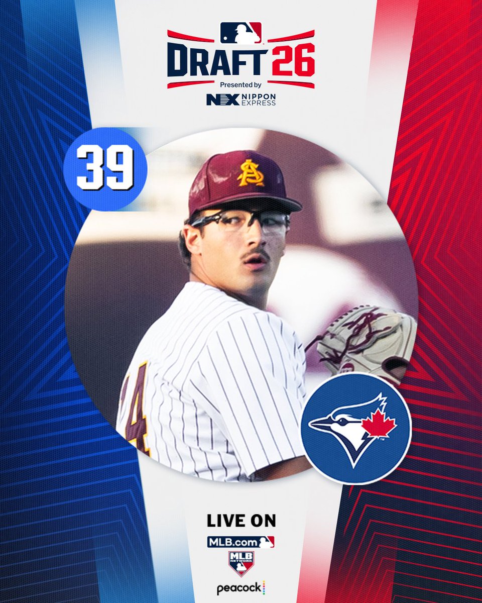 MLBDraft's tweet photo. With the 39th pick in the 2026 Draft, the @BlueJays select @ASU_Baseball left-handed pitcher Cole Carlon, No. 26 on the Top 250 Draft prospects list.

Watch live: https://t.co/XWNTXiKgPC https://t.co/OvkNVOXrVe