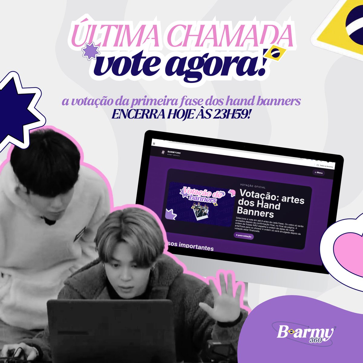 itsjeonjm's tweet photo. 🚨 ÚLTIMA CHAMADA! 🚨

Hoje é o último dia para participar da 1ª fase da votação dos hand banners! 💜

JÁ SÃO + DE 130 MIL VOTOS! Essa é a sua última chance de ajudar a escolher as artes que poderão passar para a segunda fase do projeto para os shows do BTS no Brasil.

🗳️ A votação encerra hoje, às 23h59. Depois desse horário, não será mais possível votar nesta etapa.

📌 Acesse o site, escolha suas artes favoritas e confirme seus votos. Lembre-se de rolar a página até o final para revisar tudo antes de finalizar!

💜 Cada voto faz diferença. Vamos construir esse projeto juntos!

🔗 Vote aqui: https://t.co/RX2N8ZSl1b

#BARMY360 #BARMY360HandBanner