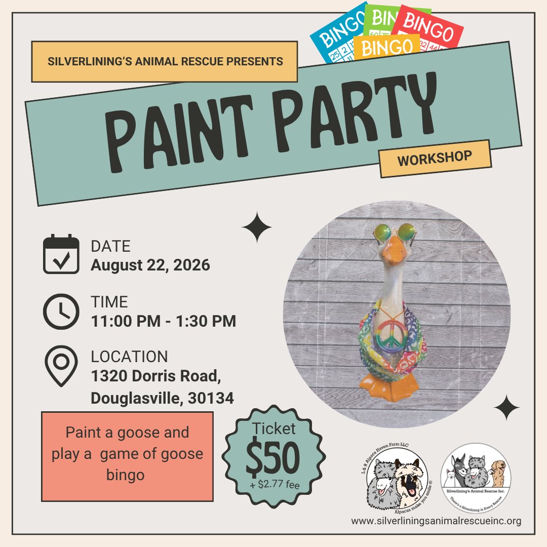 SilverliningsAR's tweet photo. Paint Party Workshop + Bingo!

📅 8/22
⏰ 11:00 PM - 1:30 PM
💵 $52.77
📍 1320 Dorris Road, Douglasville, GA 30134

🎟️https://t.co/NNhdML4CIe

#Atlanta #paint #bingo #art #animals https://t.co/oSAUFcNklA